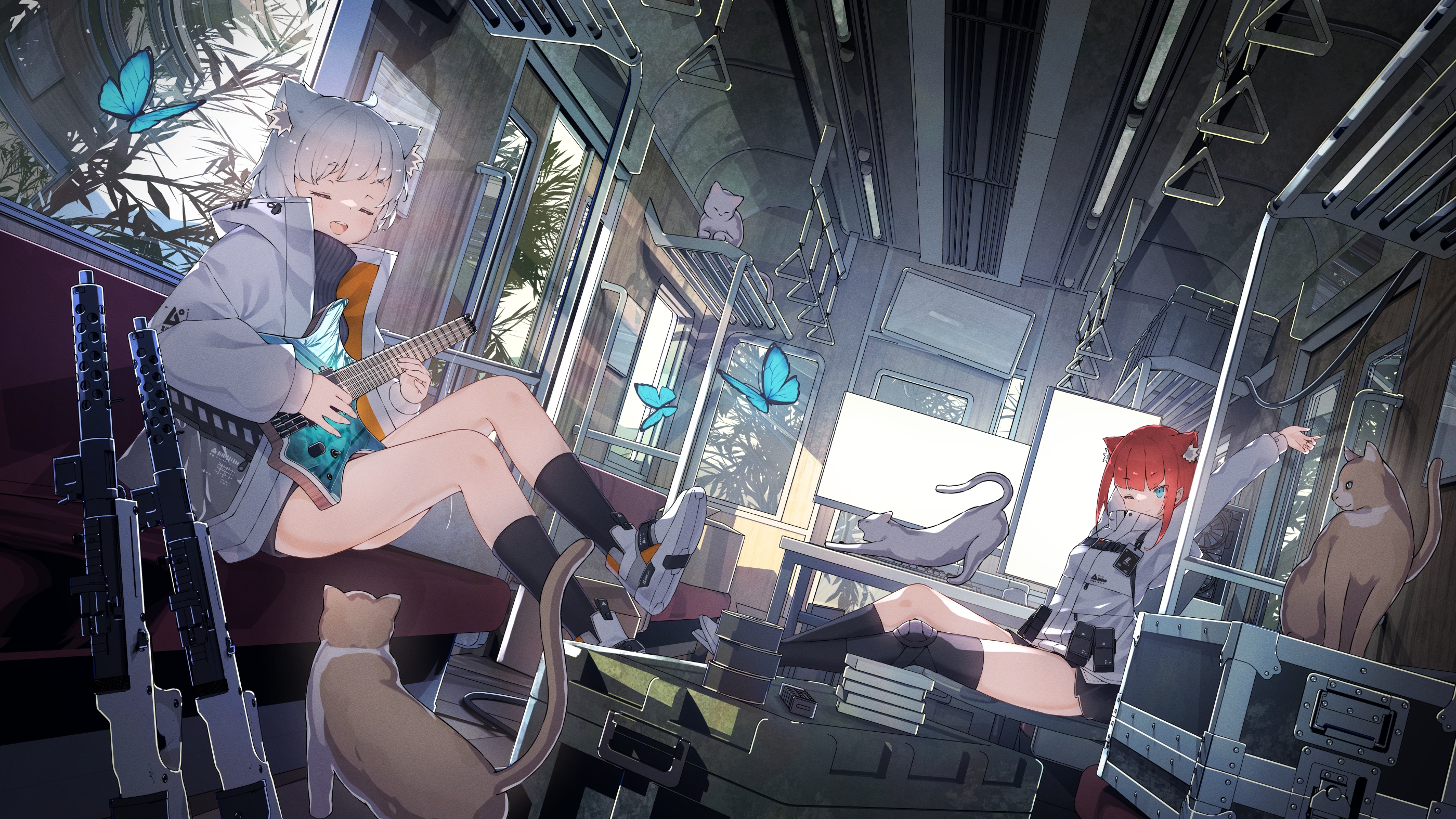 Anime cat girls with guns and guitars on a train HD Wallpaper