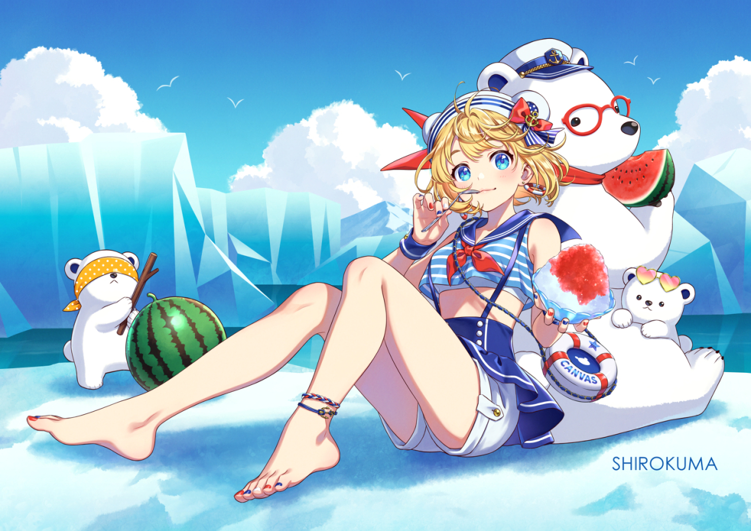 Girl with polar bears and watermelon on ice HD Wallpaper