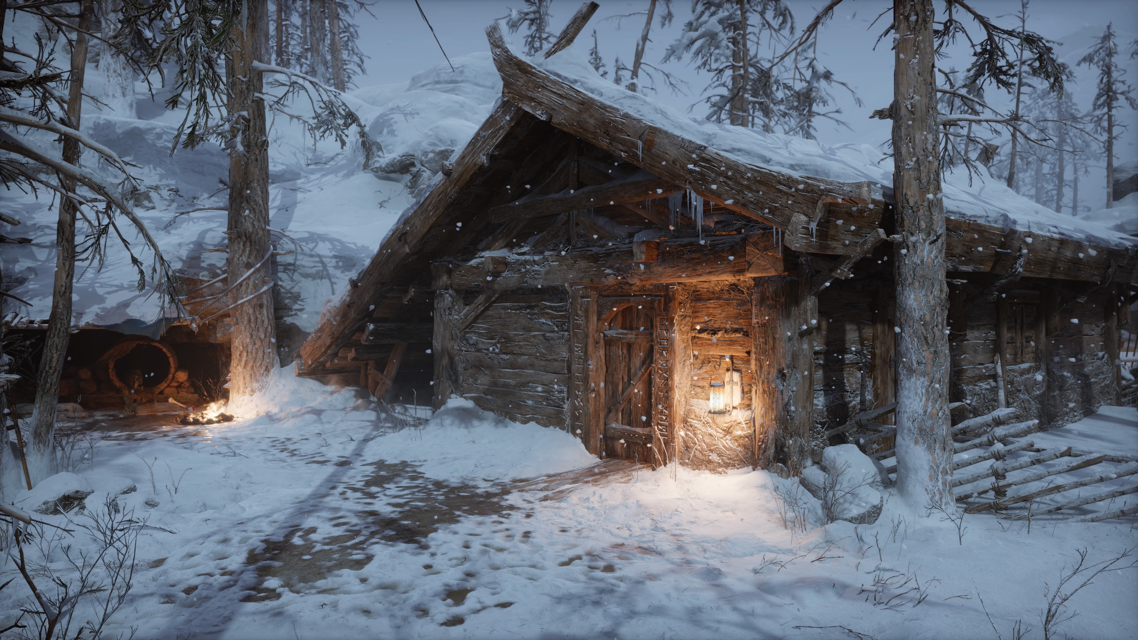 4K God of War Ragnarök snow wood house HD Wallpaper