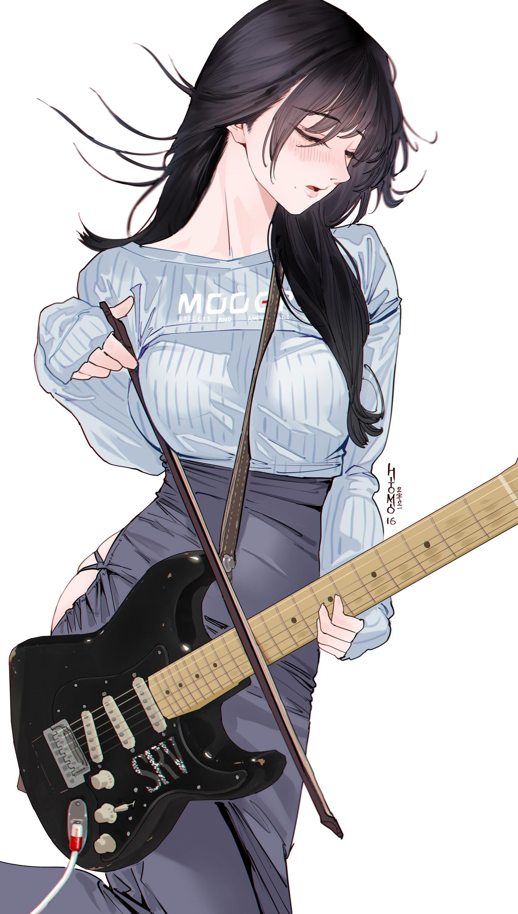 Anime girl with black hair playing a guitar HD Phone Wallpaper