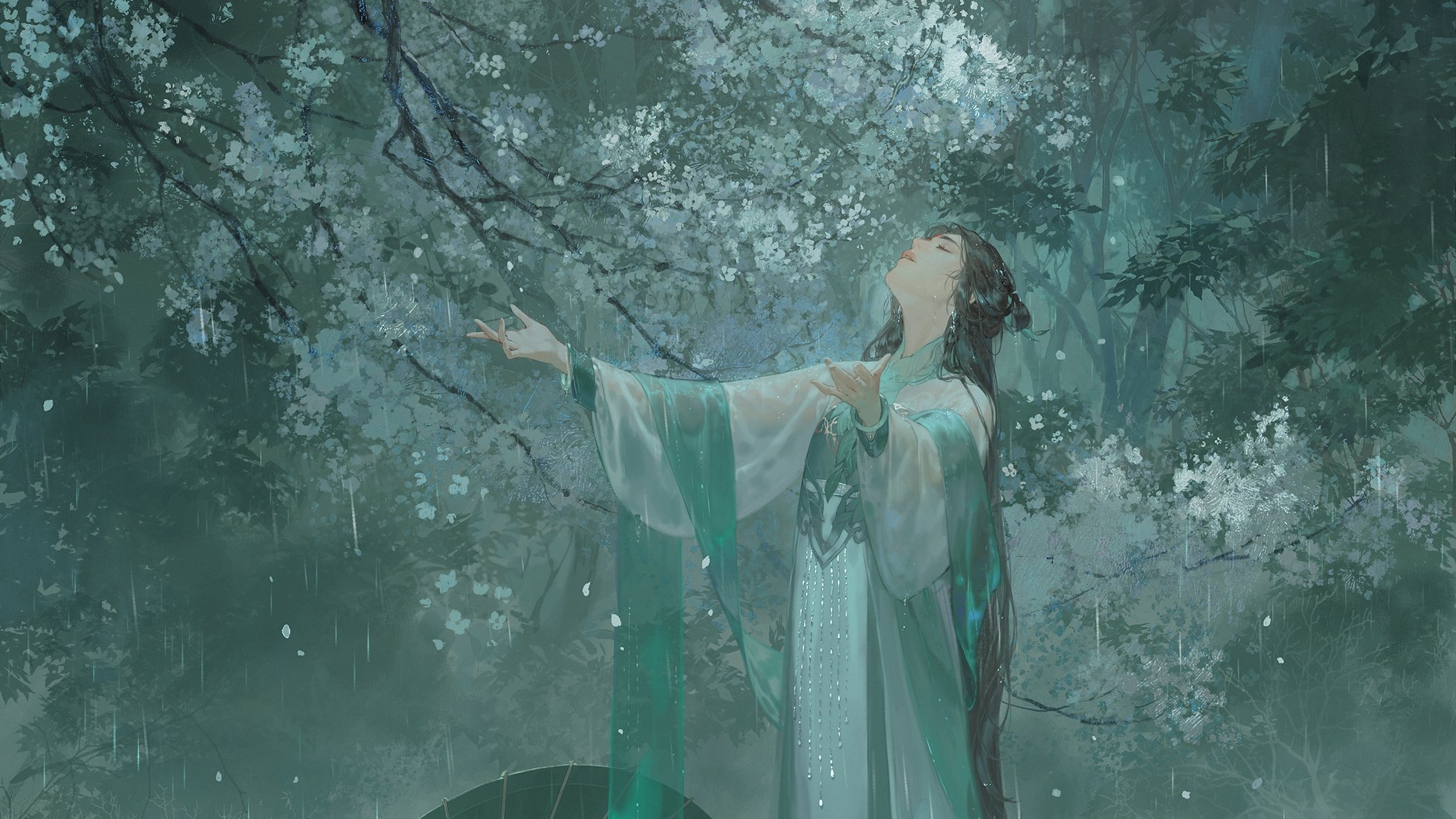 Woman in green dress in the rain under trees HD Wallpaper