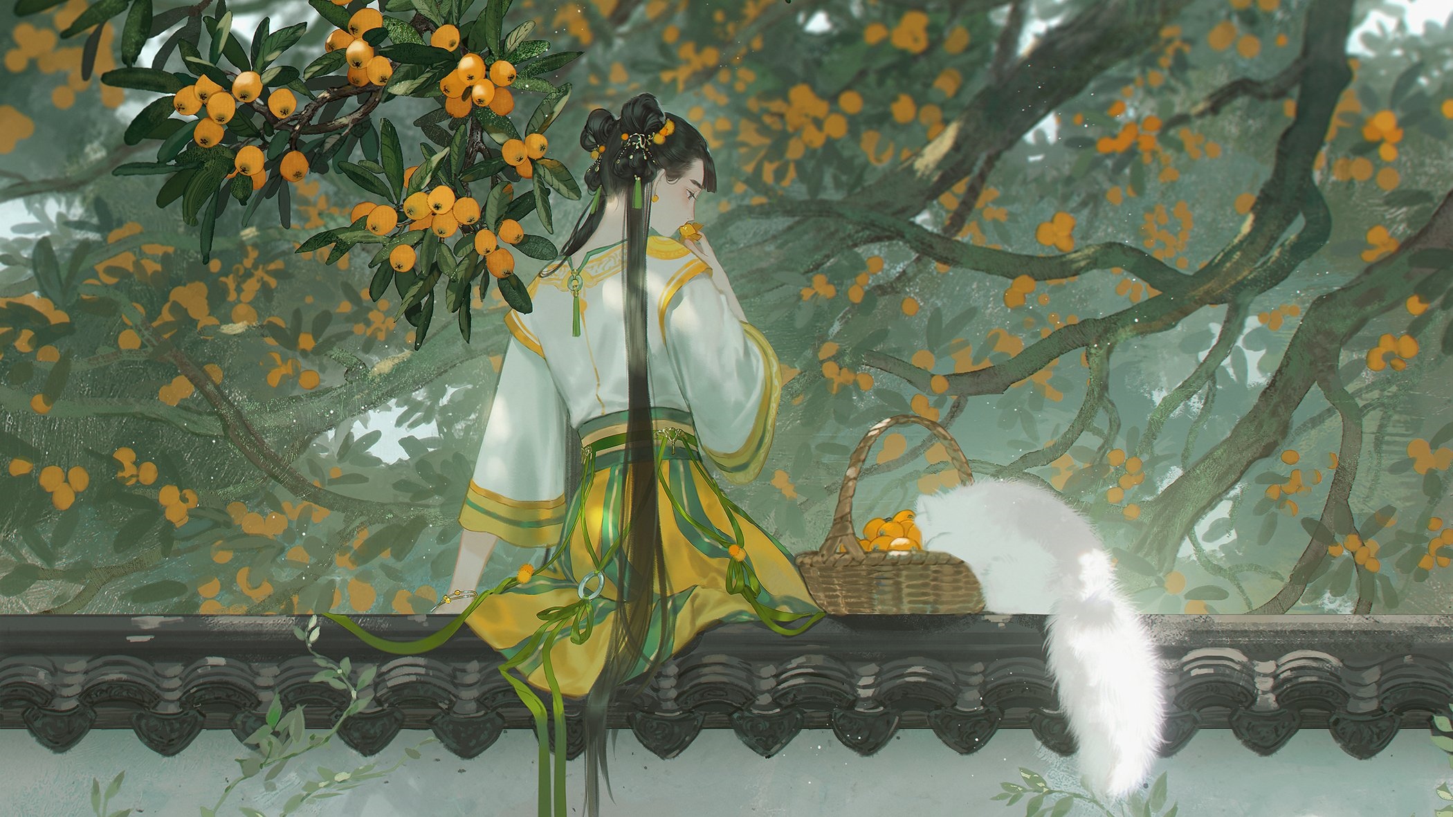 Woman in traditional Chinese clothing eating fruit with a cat HD Wallpaper