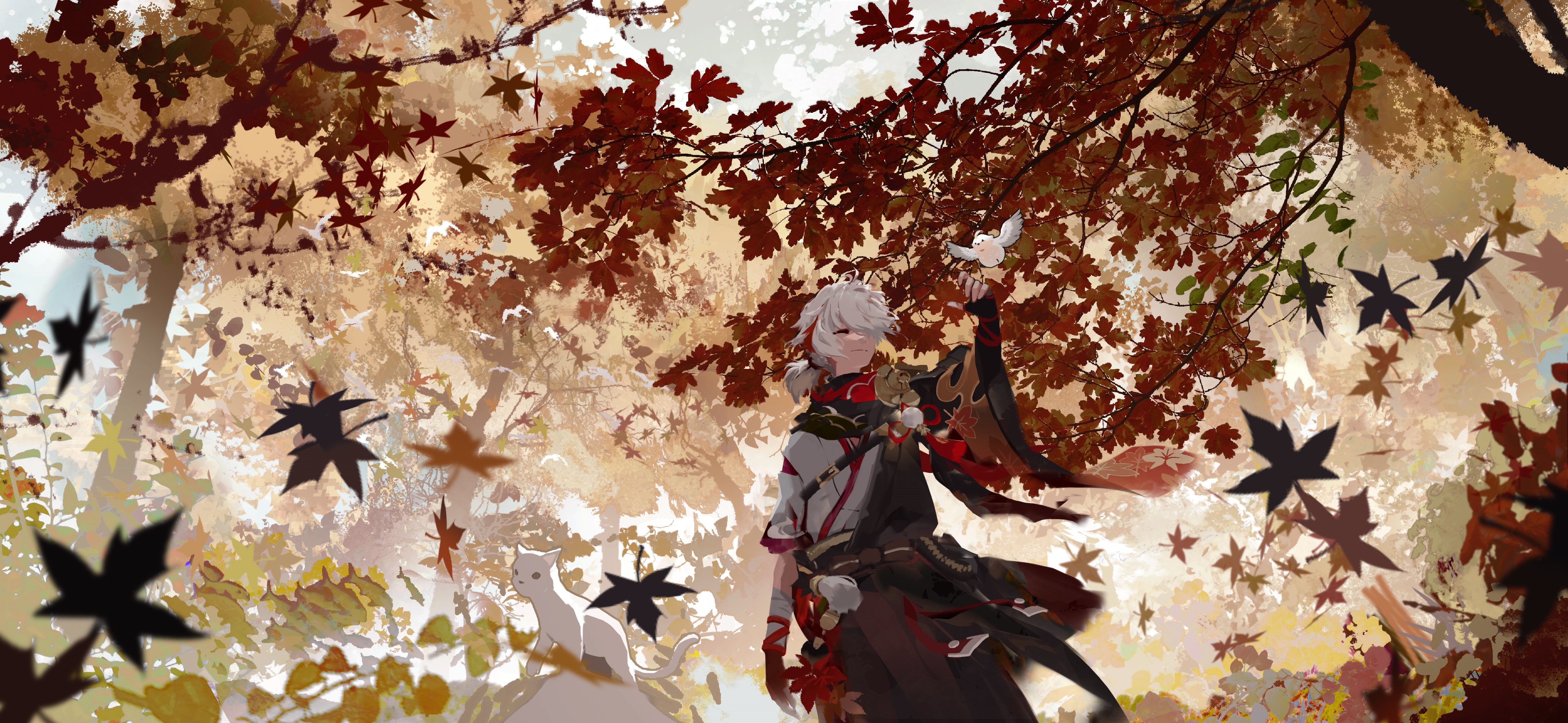 Kaedehara Kazuha with a bird and cat in autumn HD Wallpaper