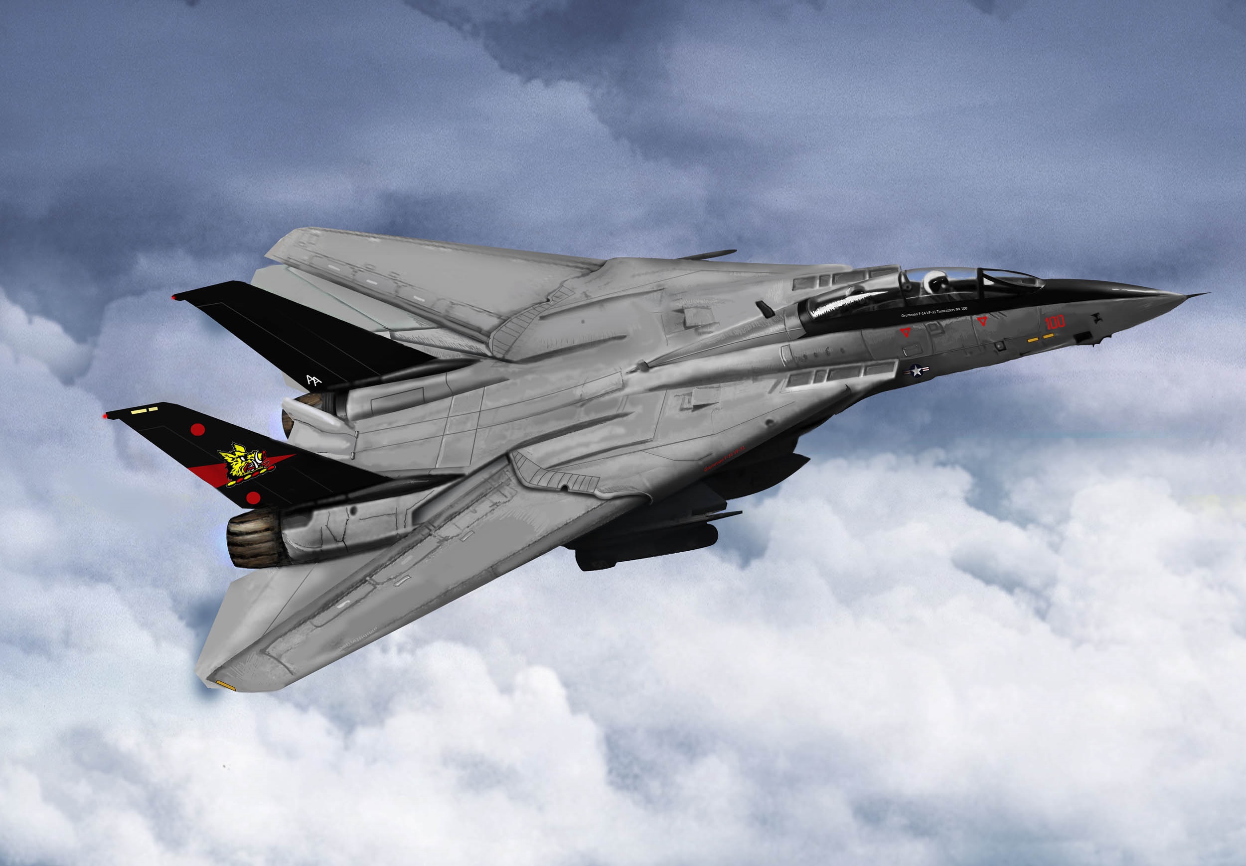 F-14 Tomcat jet fighter flying through clouds HD Wallpaper
