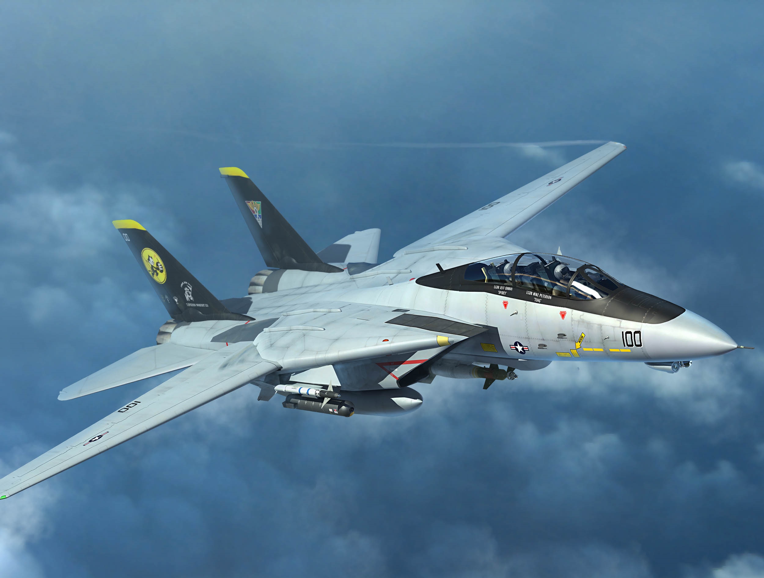 F-14 Tomcat jet fighter flying through clouds HD Wallpaper