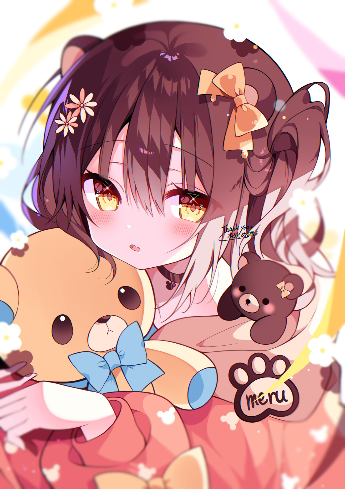 Anime girl with bear ears holding a teddy bear HD Phone Wallpaper