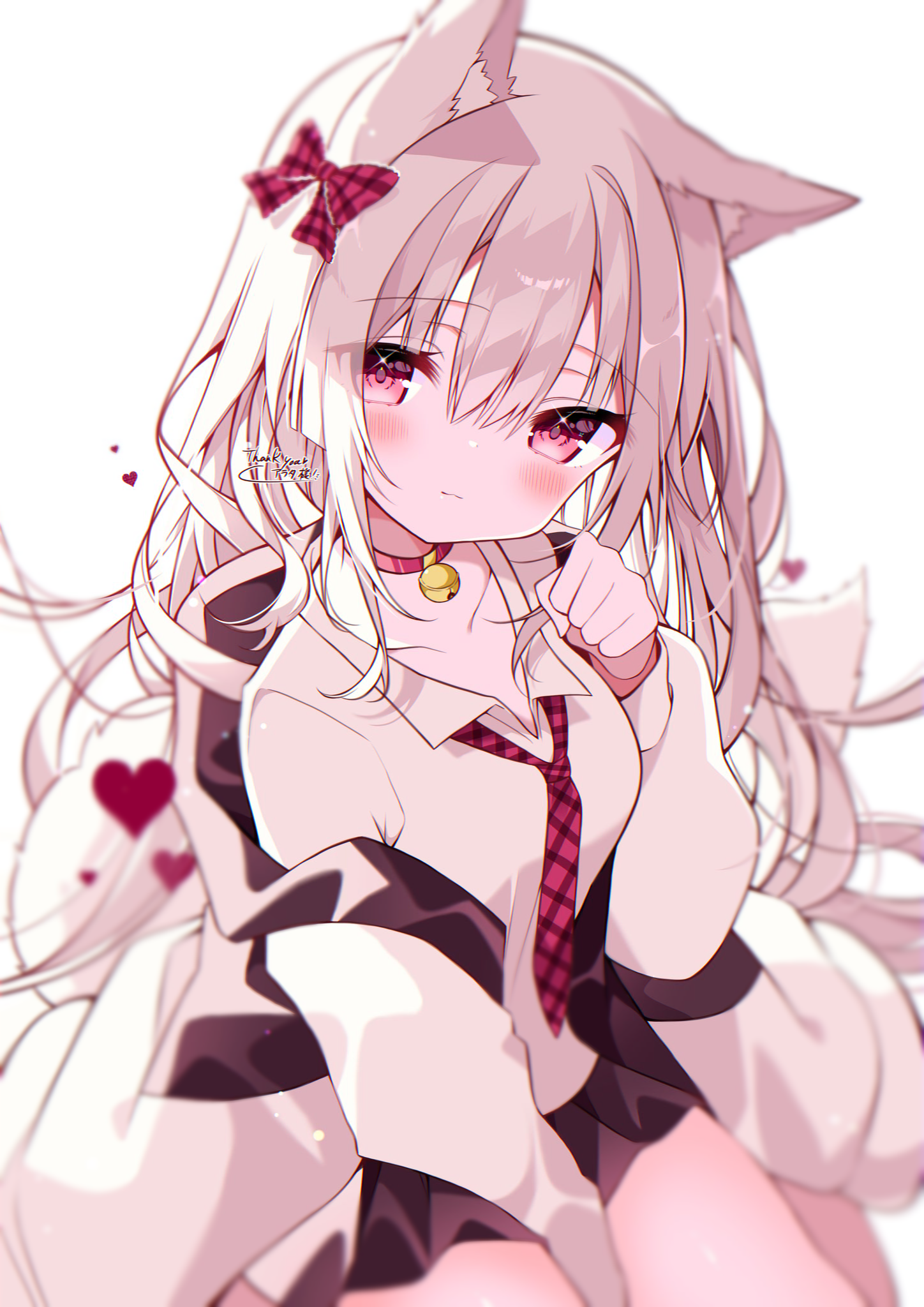Anime fox girl with pink eyes and white hair HD Phone Wallpaper