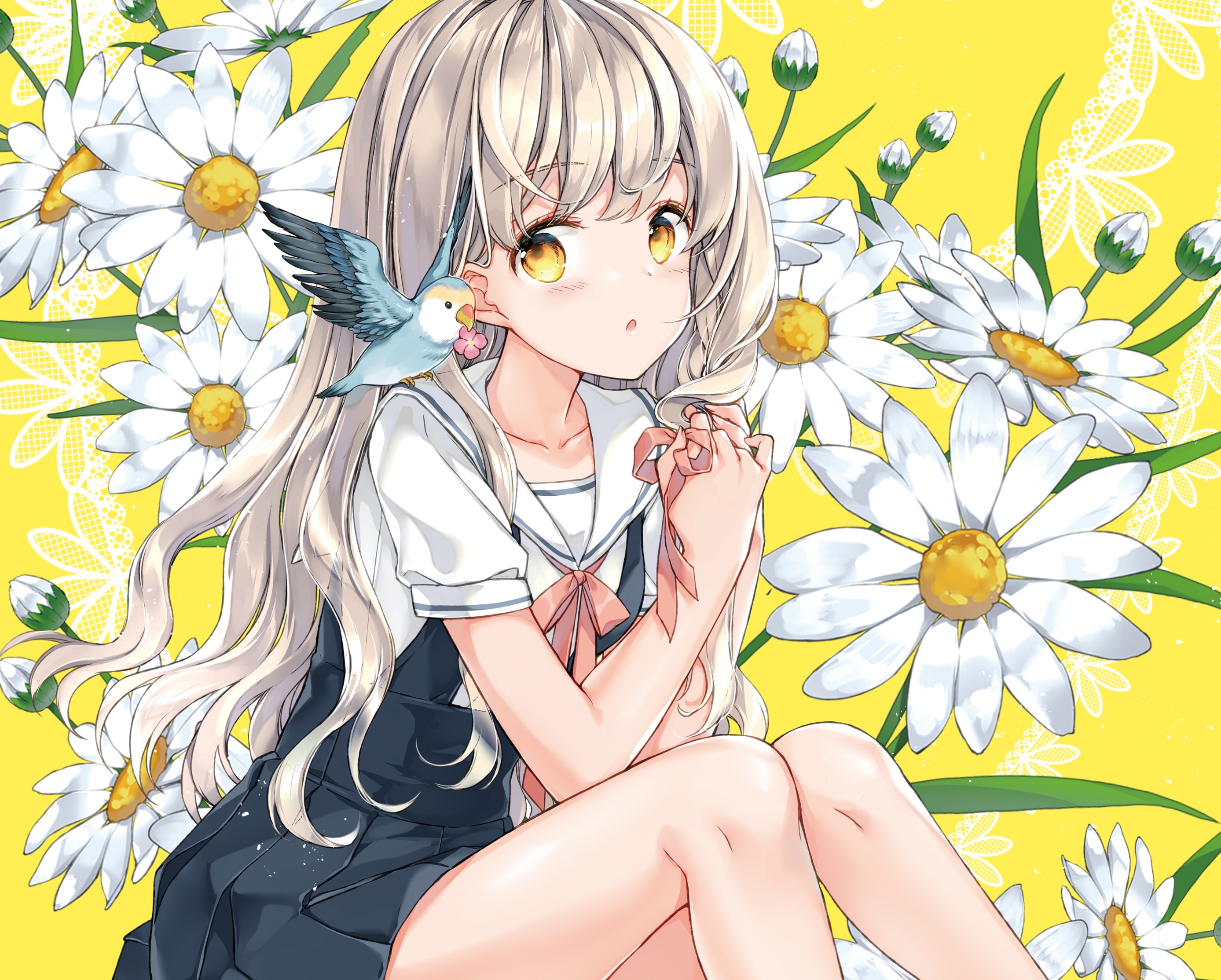 Girl with bird and daisies HD Wallpaper