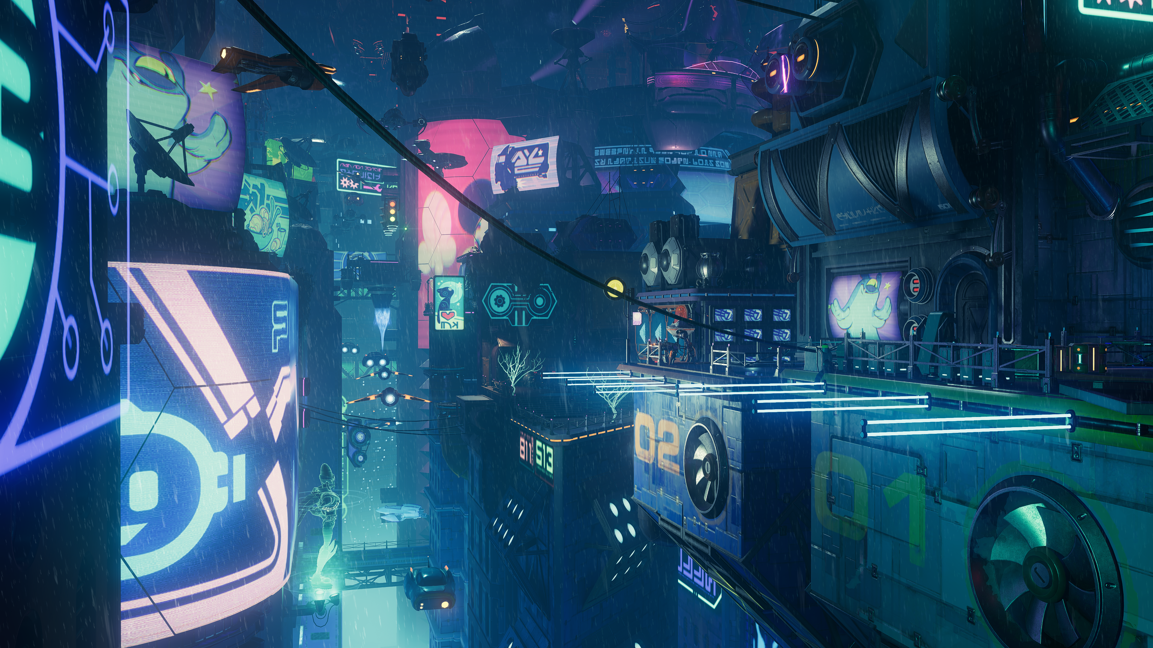 Ratchet & Clank: Rift Apart cityscape with neon signs HD Wallpaper