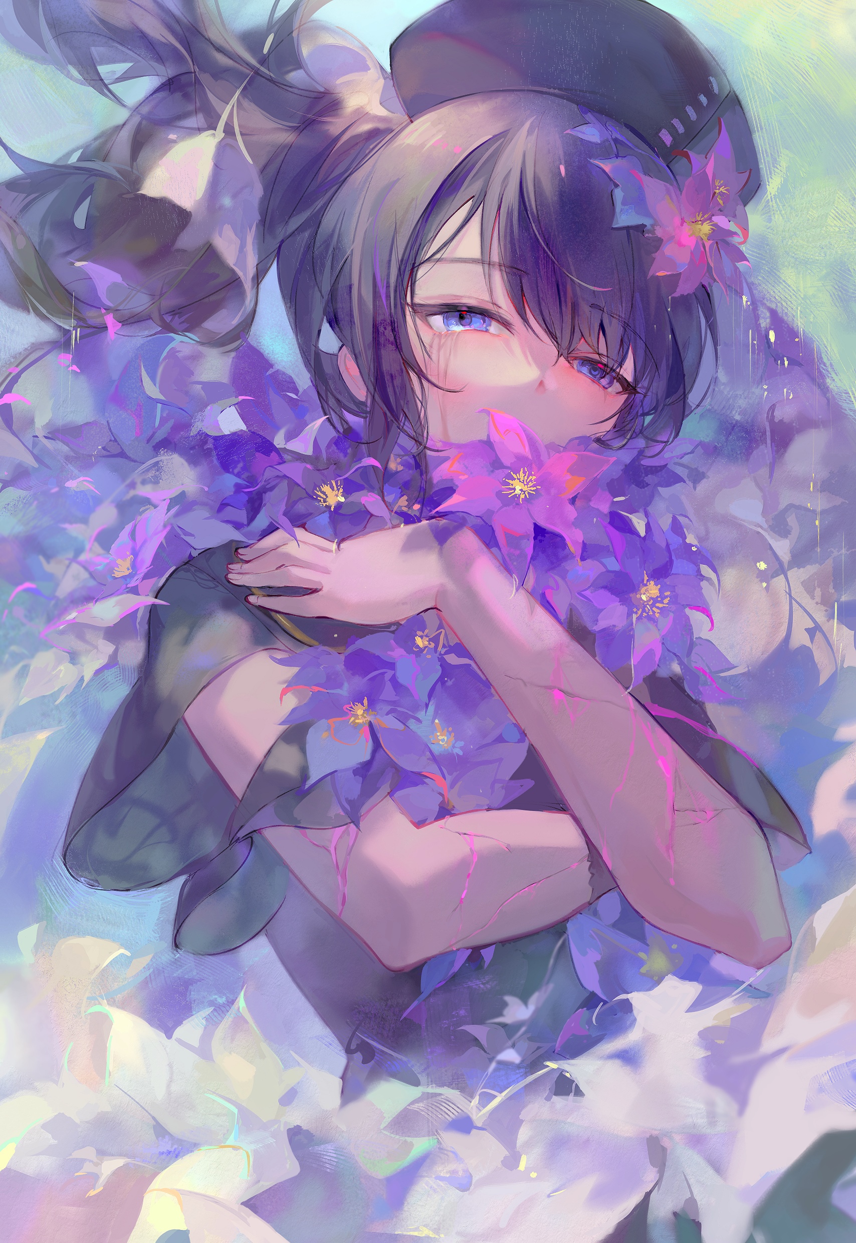 Girl with blue eyes and purple flowers HD Phone Wallpaper