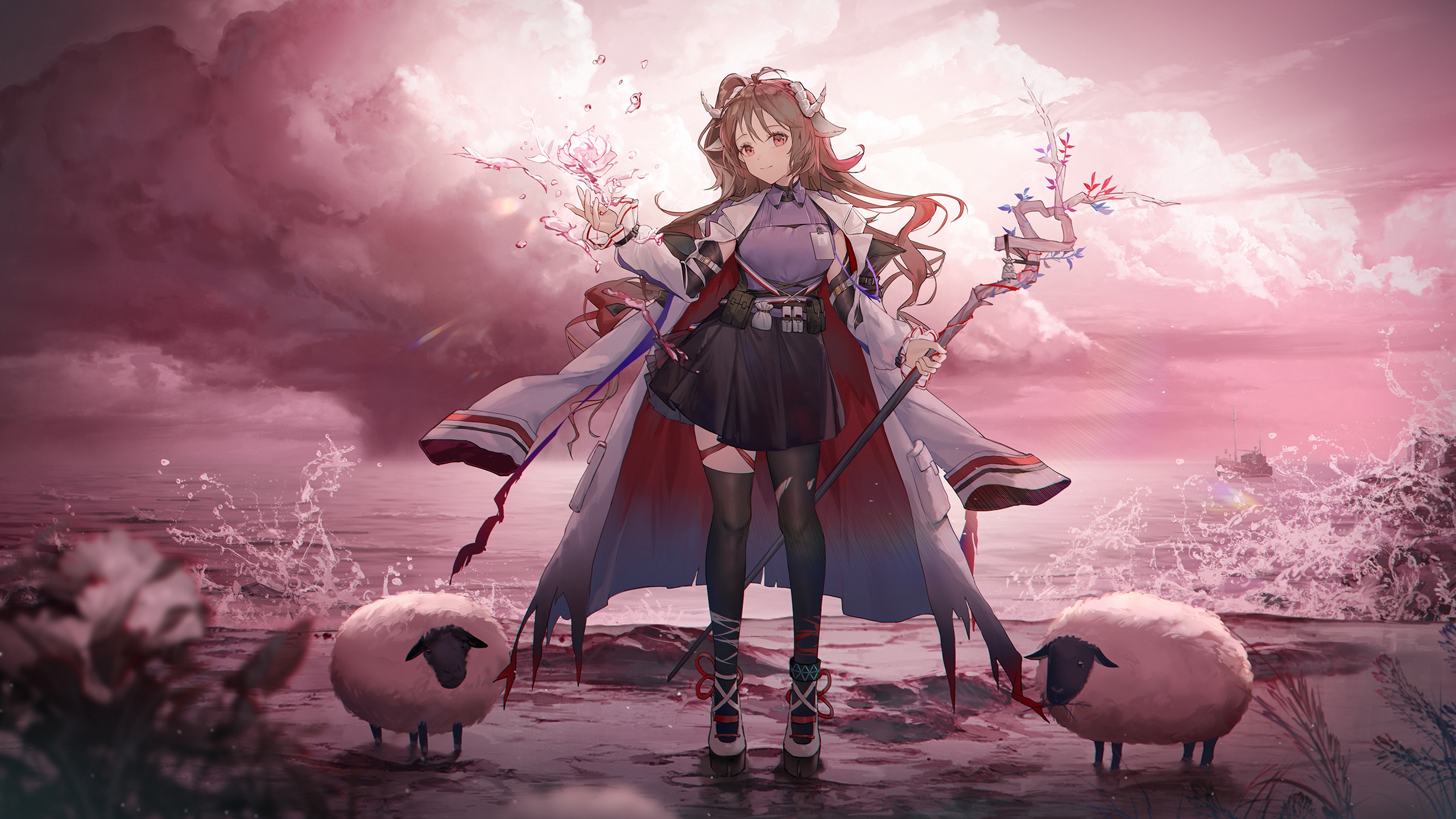 Girl with horns and sheep by the sea HD Wallpaper