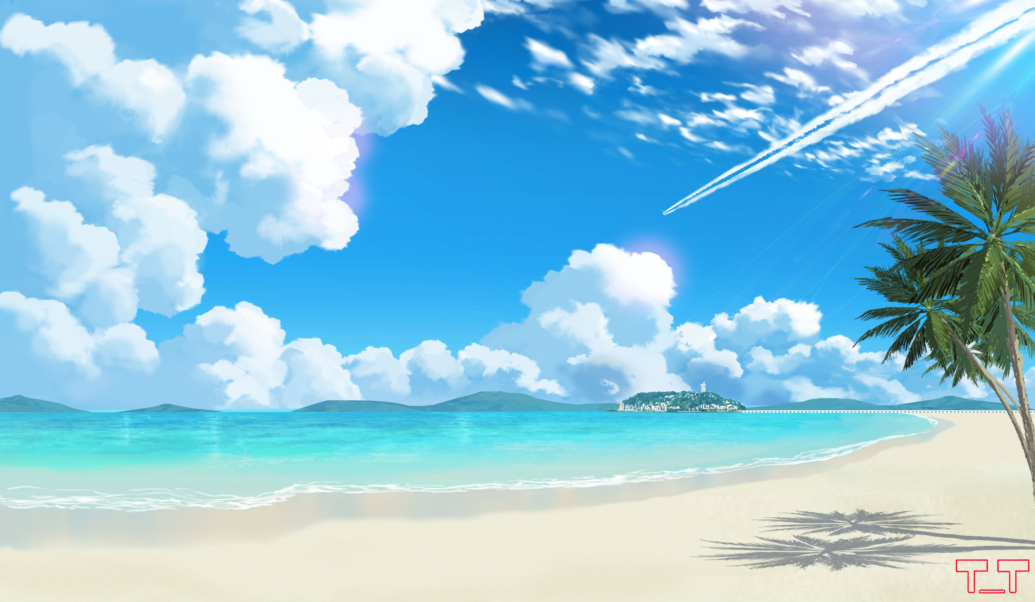 Beach with ocean, clouds, and distant island HD Wallpaper