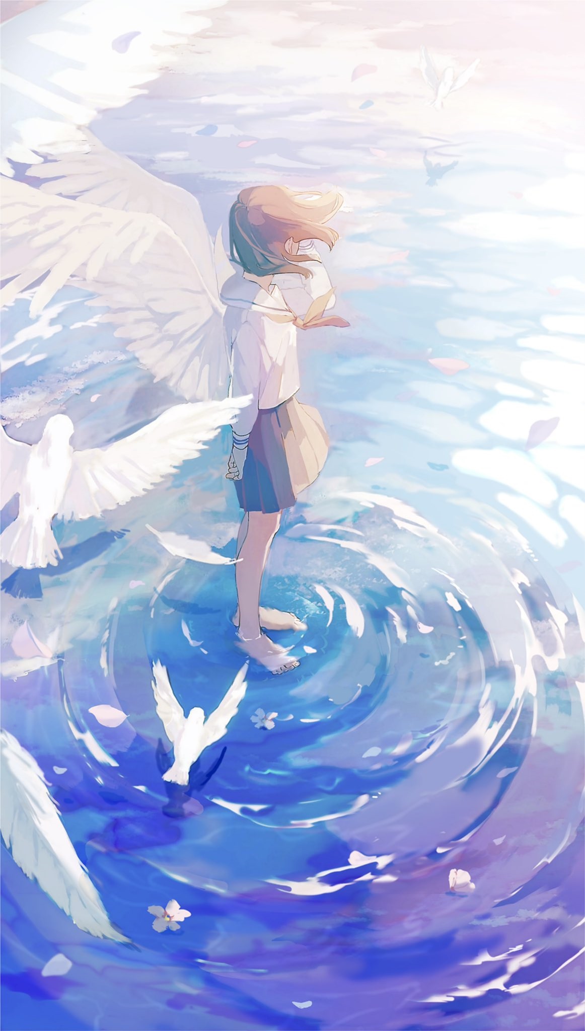 Angel girl standing in water with birds and petals HD Phone Wallpaper