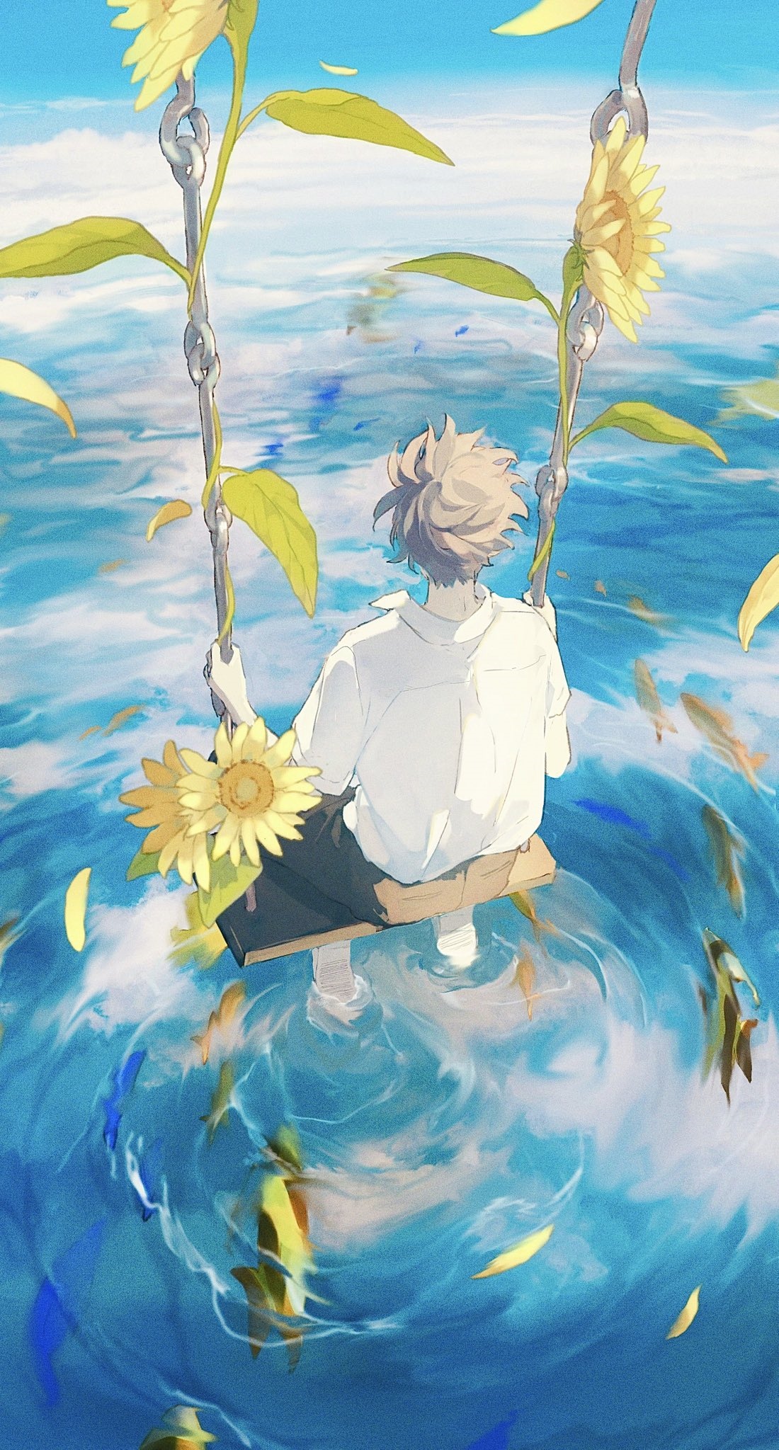 Anime boy on a swing with sunflowers over water and fish HD Phone Wallpaper