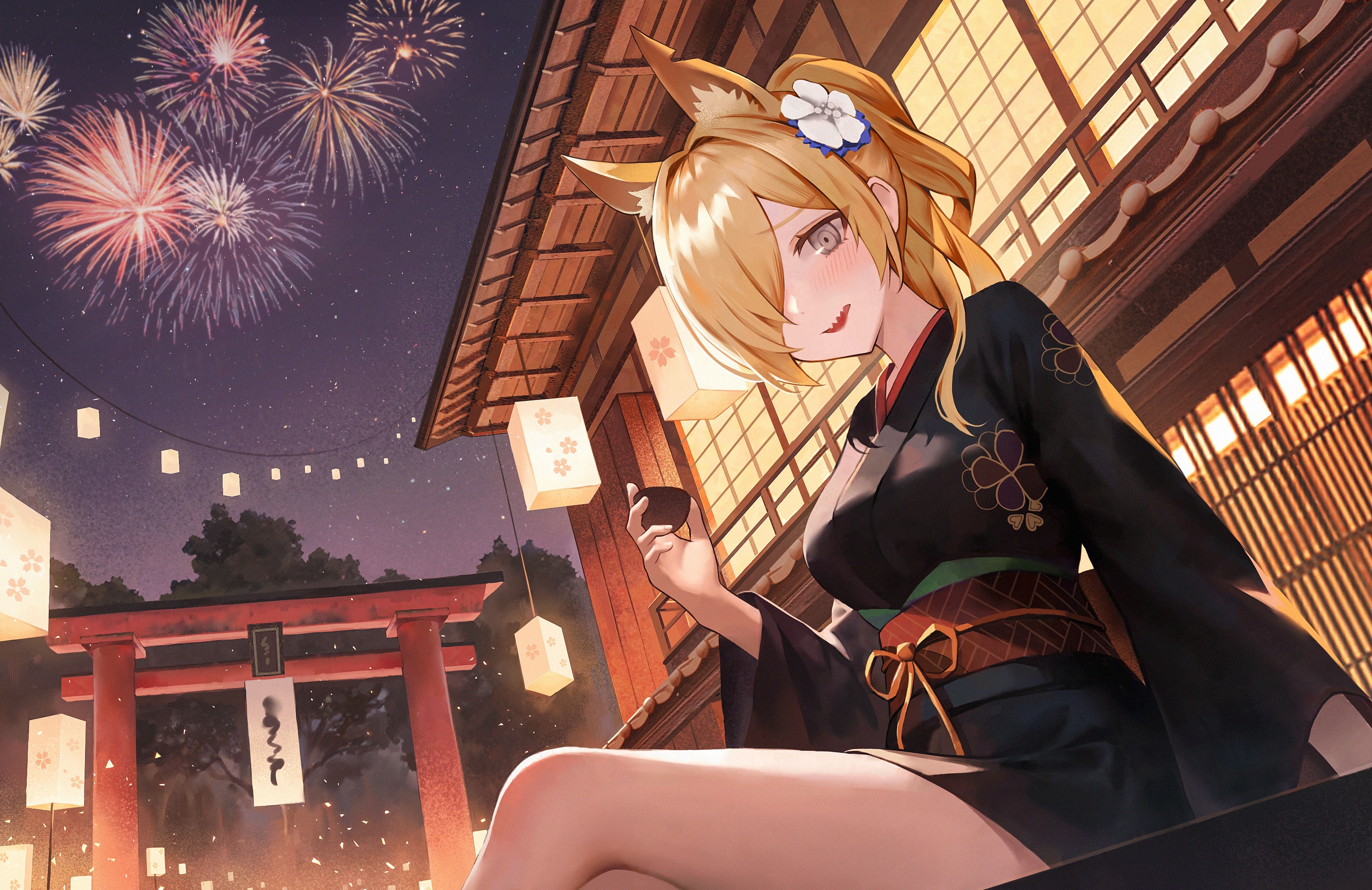 Kitsune girl in kimono at a festival with fireworks HD Wallpaper