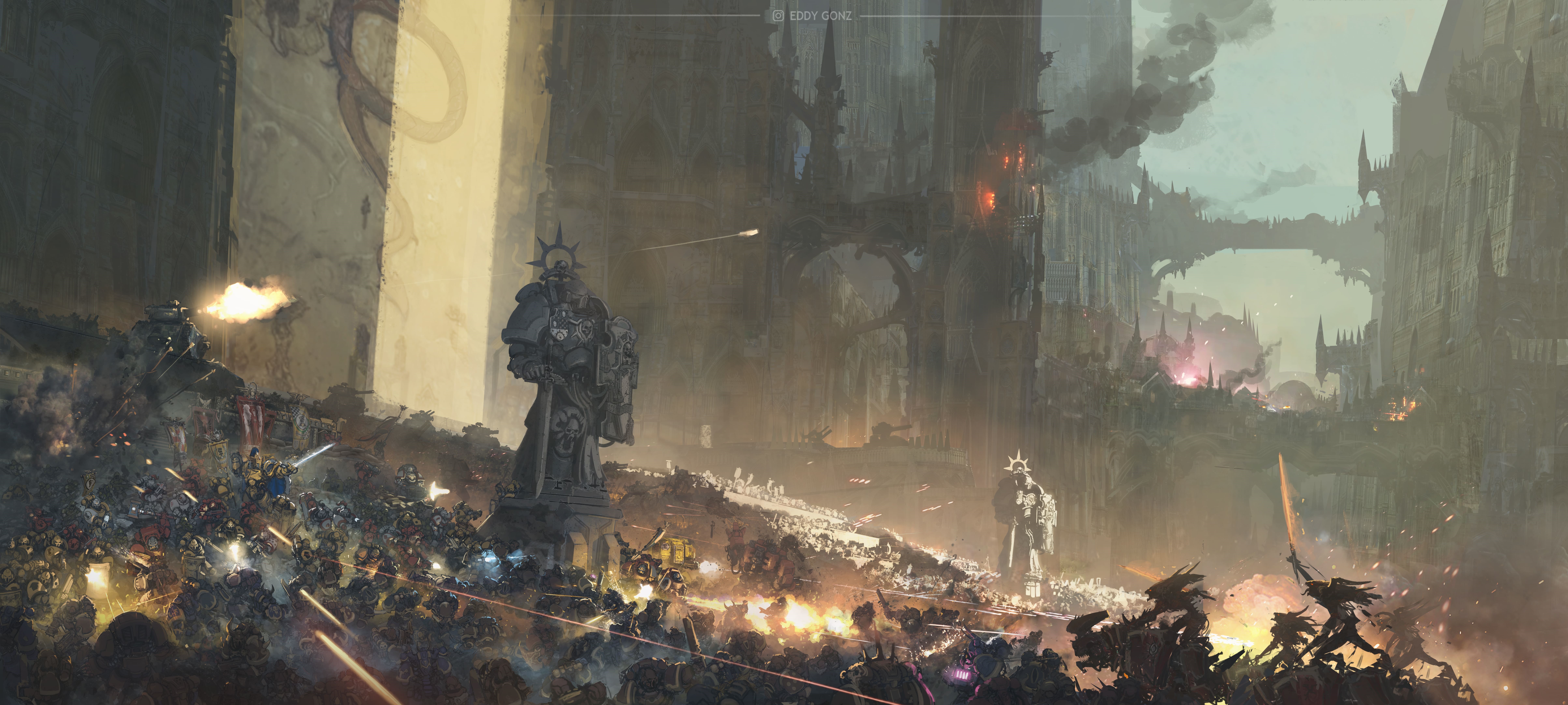 Warhammer 40,000 Battle with Smoke and Armor HD Wallpaper