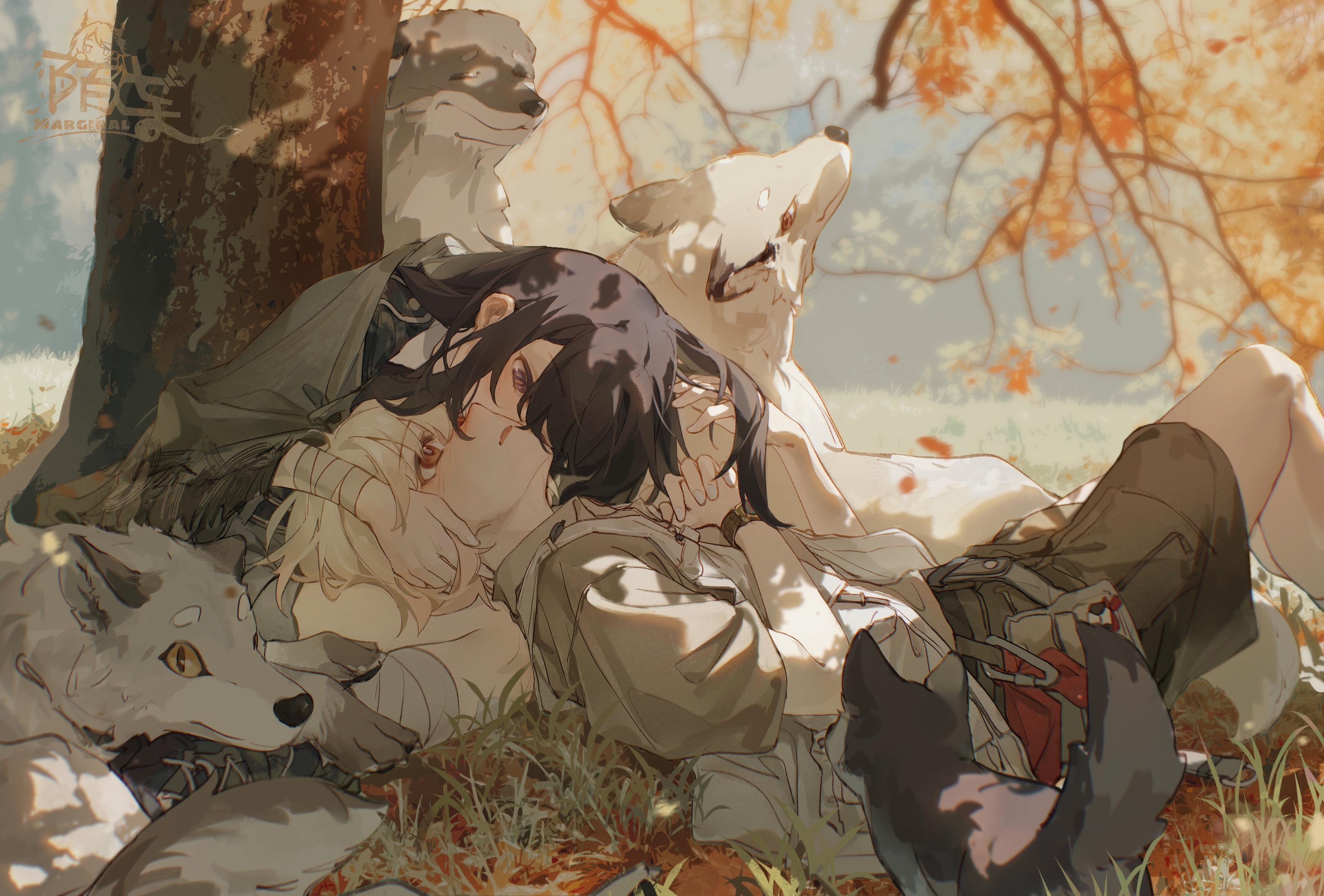 Two people and wolves resting under a tree HD Wallpaper