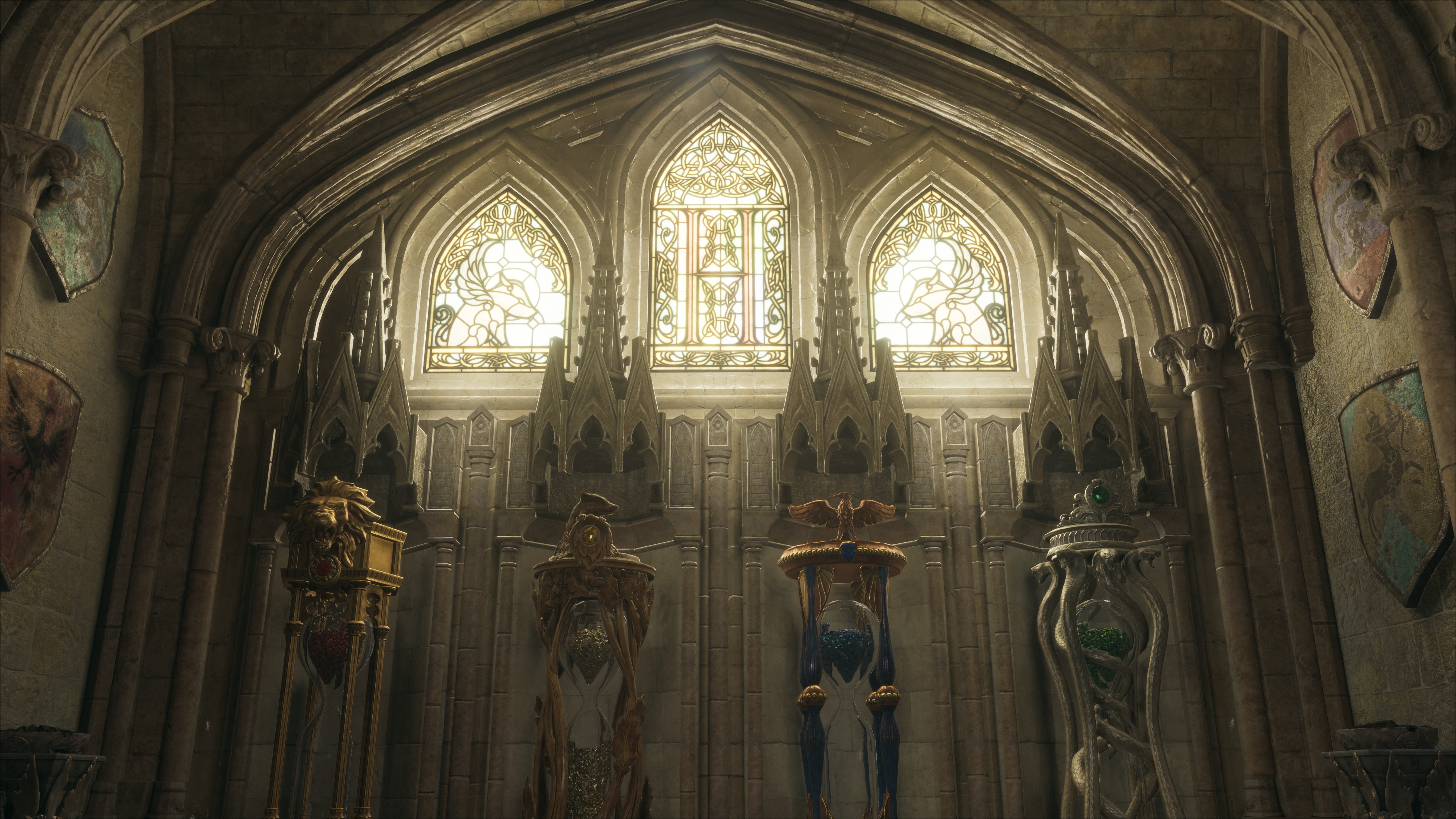 Hogwarts Legacy interior with stained glass windows and statues HD Wallpaper