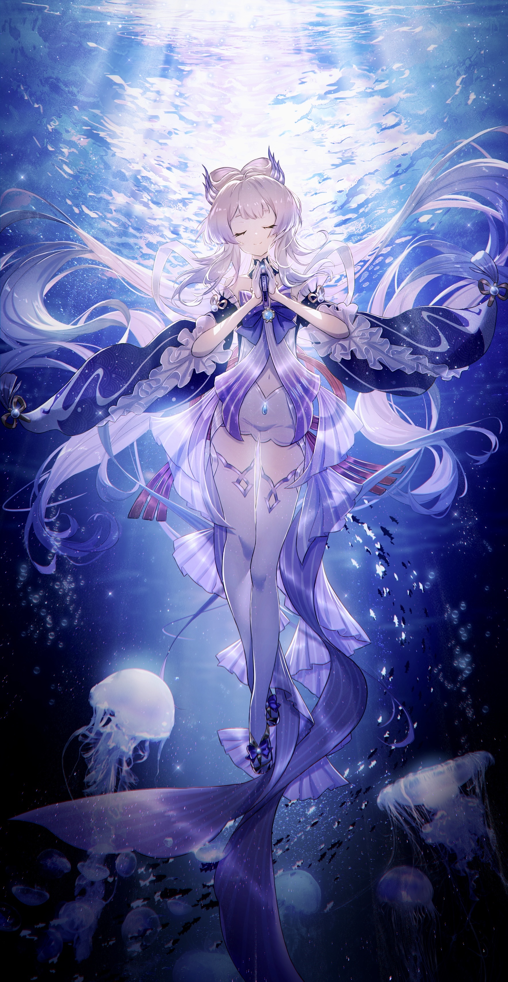 Sangonomiya Kokomi underwater with jellyfish and fish HD Phone Wallpaper