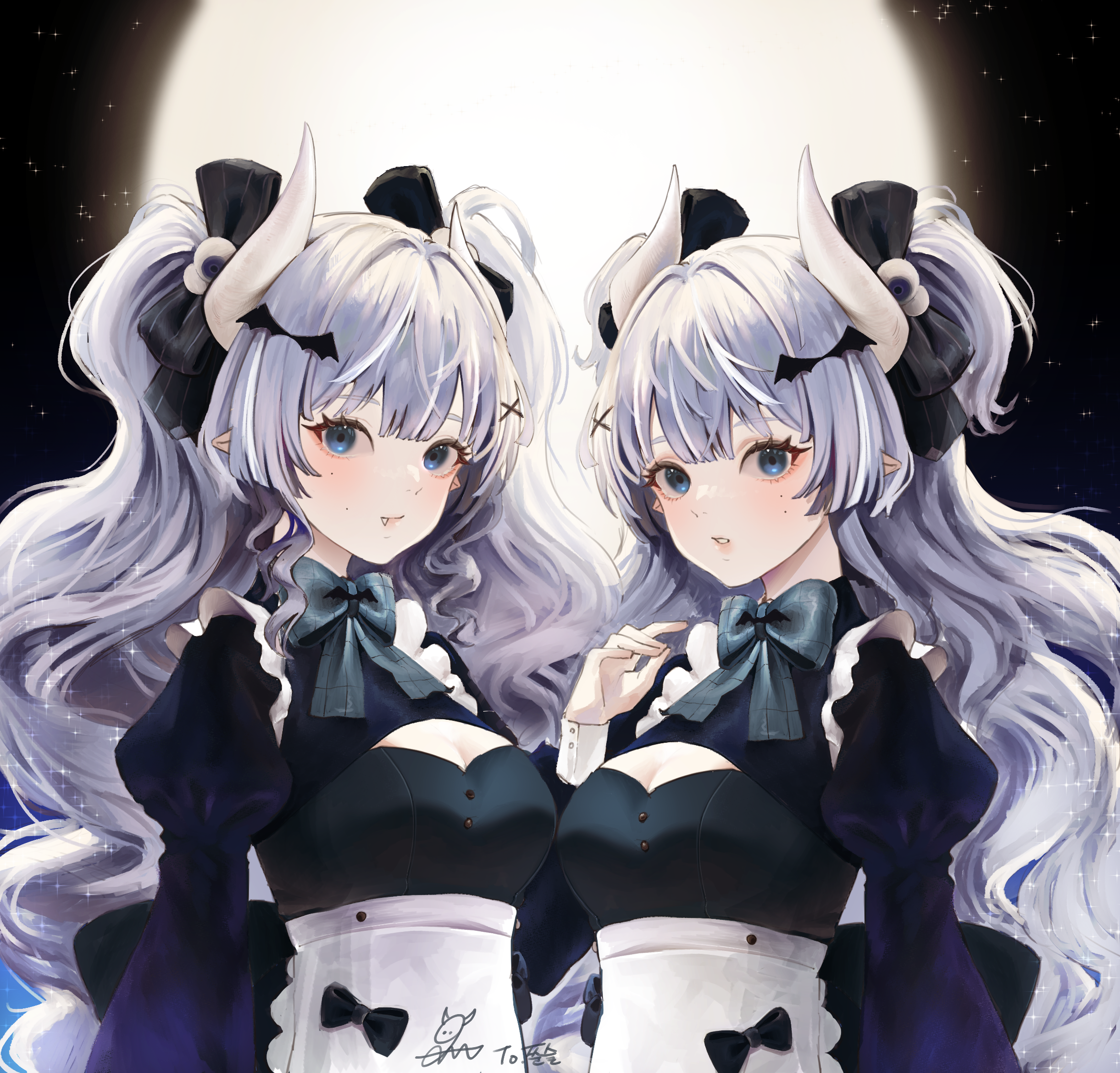 Two anime twin maids with horns and twintails HD Wallpaper