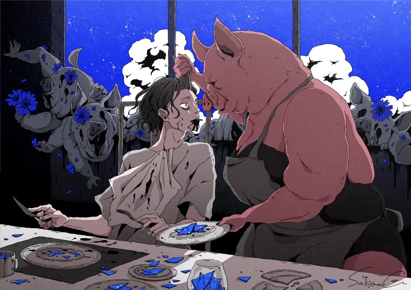 Pig creature and person at a table with broken plates HD Wallpaper