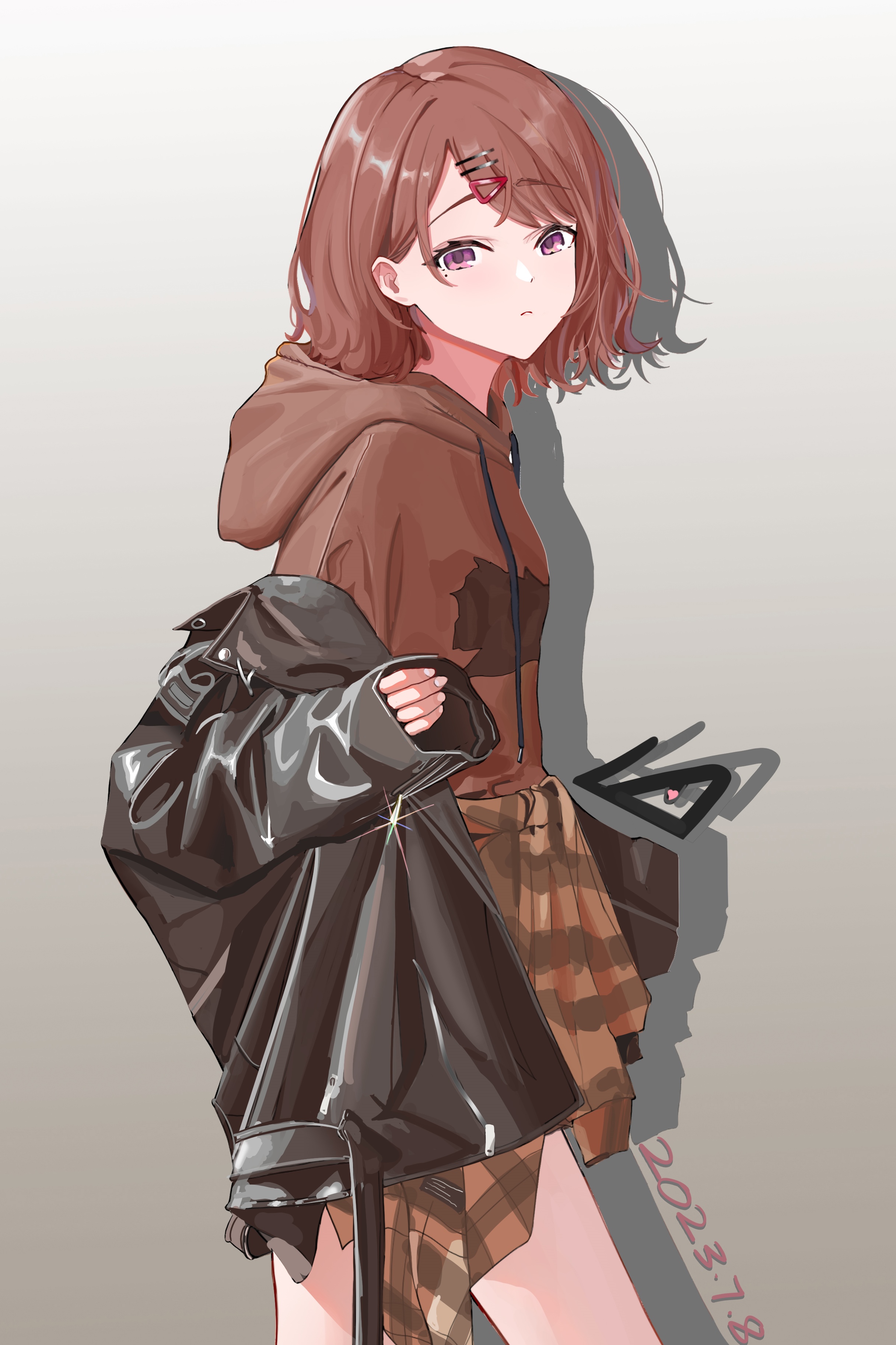 Anime girl with brown hair and hoodie HD Phone Wallpaper
