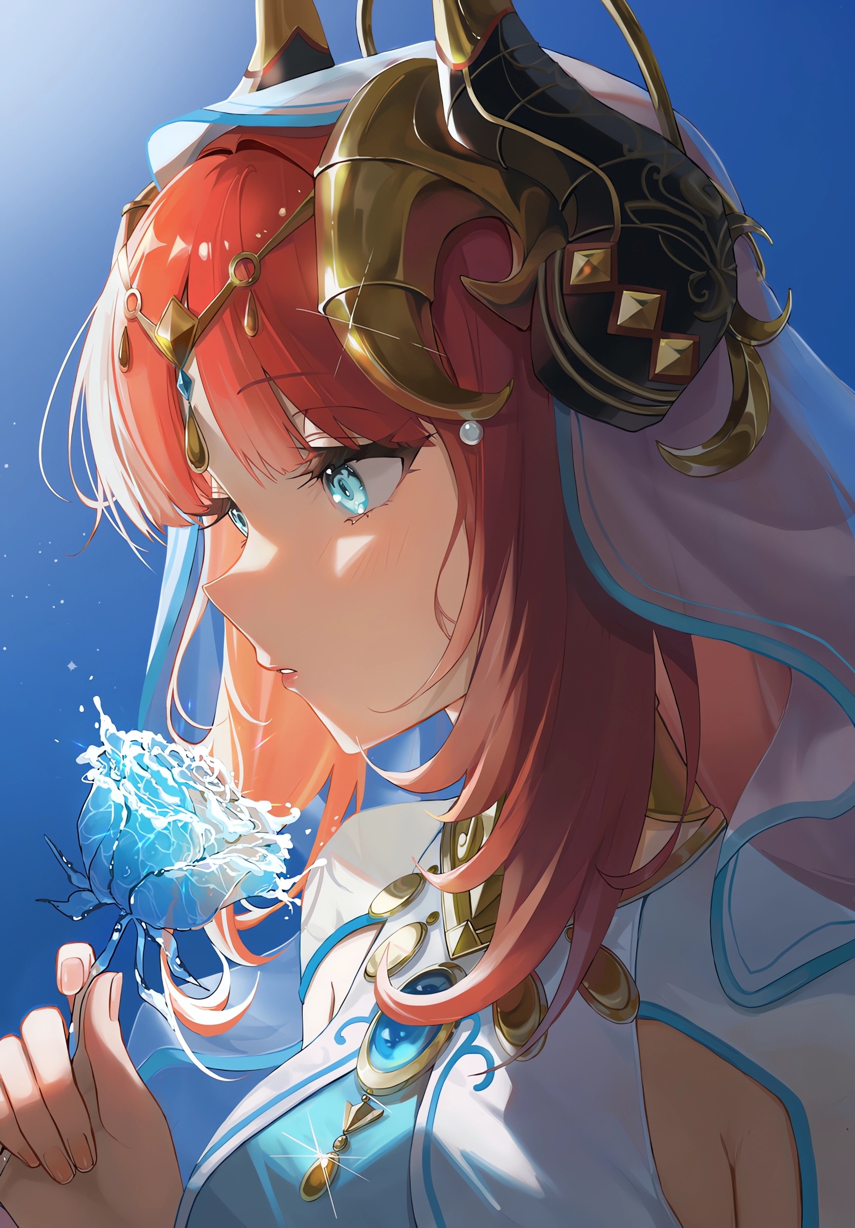 Nilou from Genshin Impact holding a water rose HD Phone Wallpaper