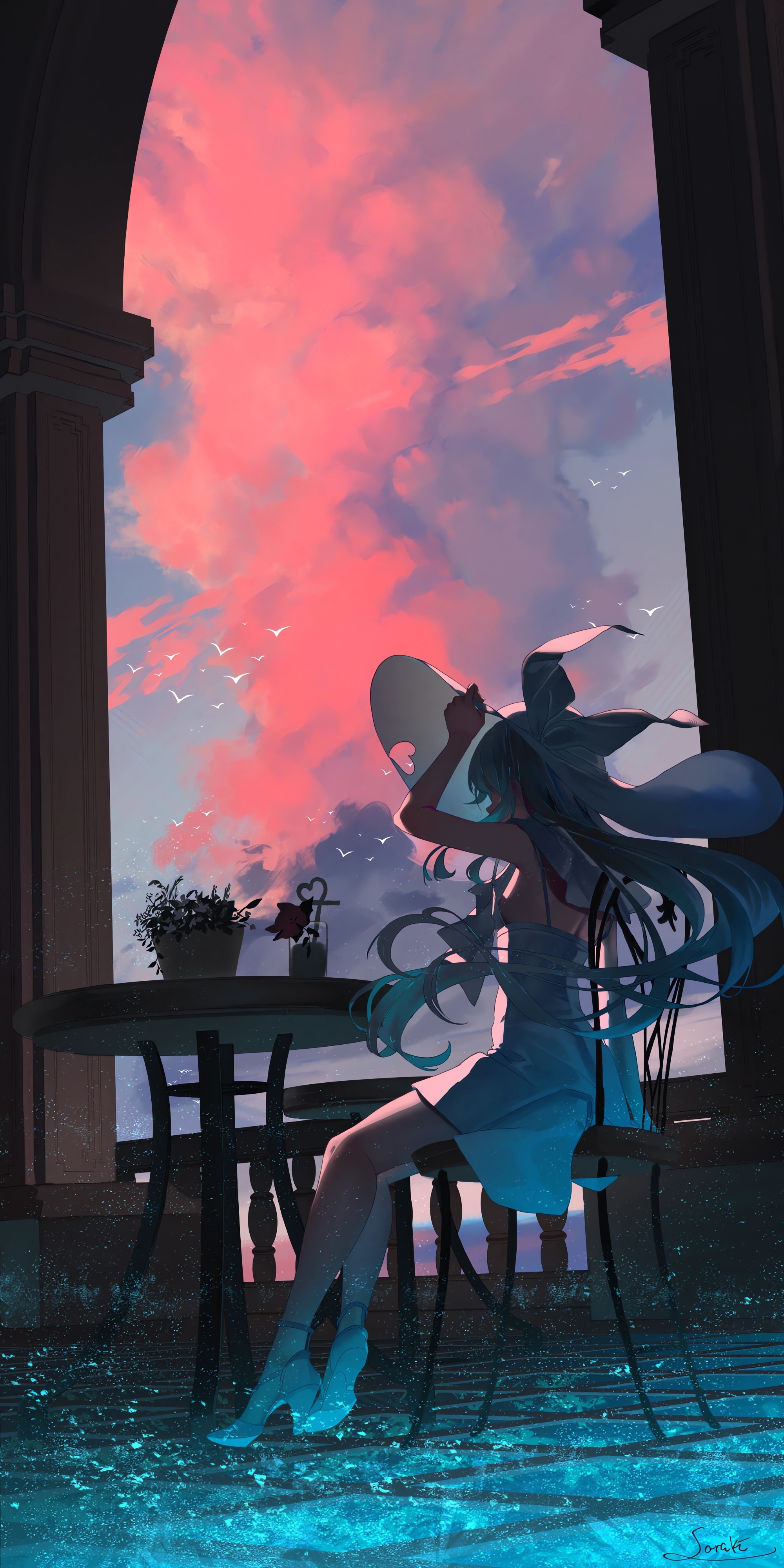 Girl in a dress and hat by the window at sunset HD Phone Wallpaper
