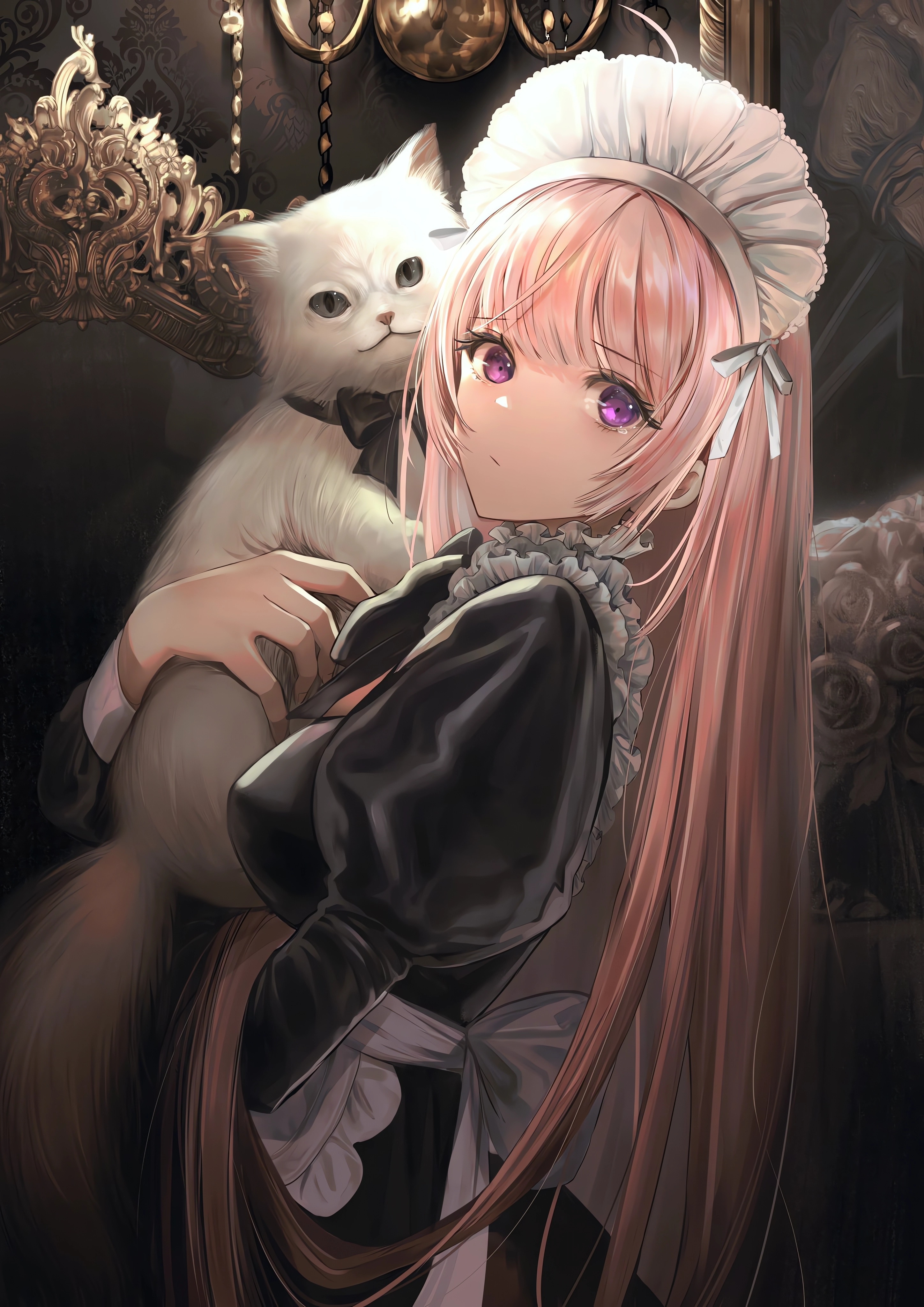 Maid with Pink Hair Holding a White Cat HD Phone Wallpaper