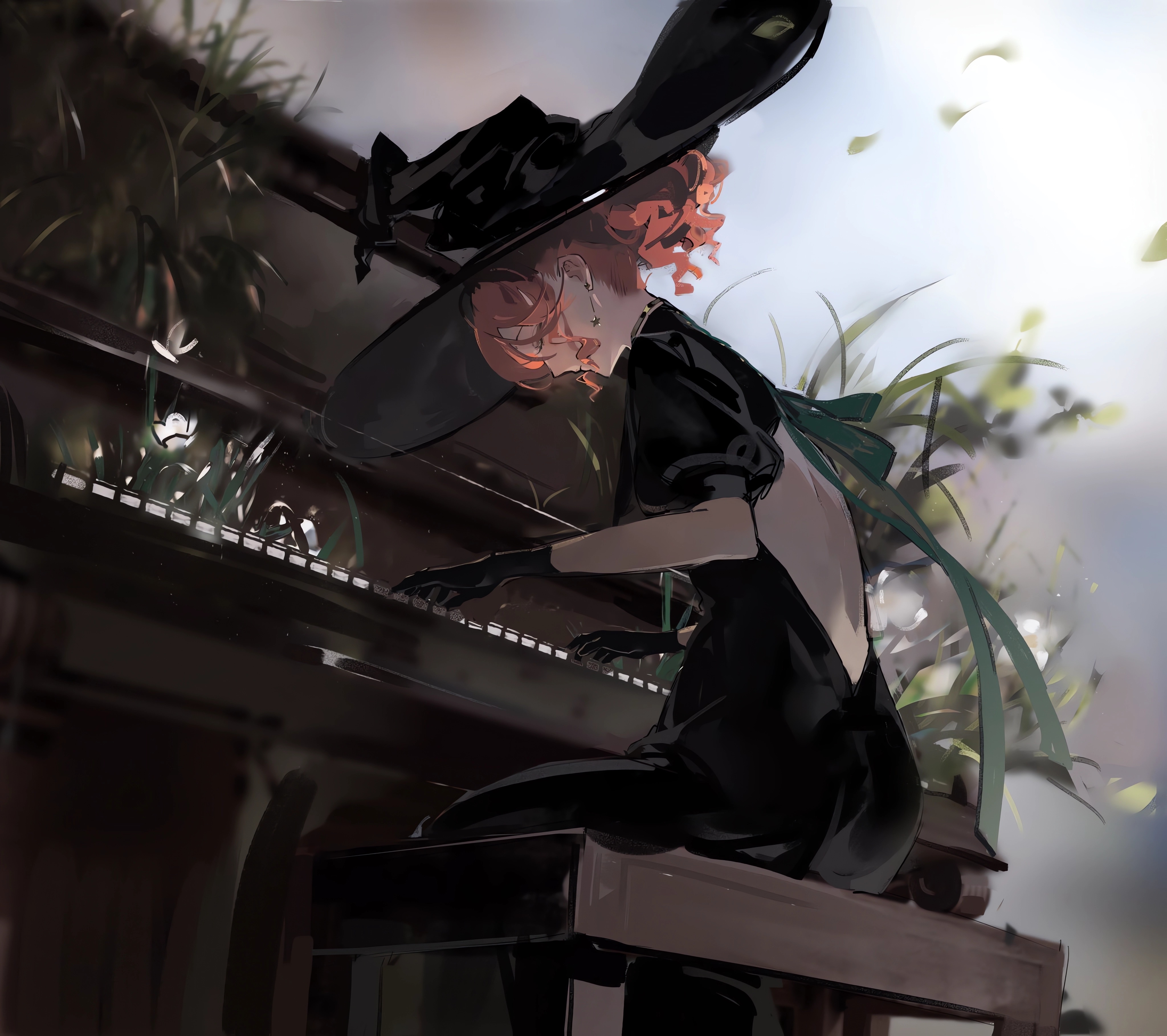Woman in black dress playing piano HD Wallpaper