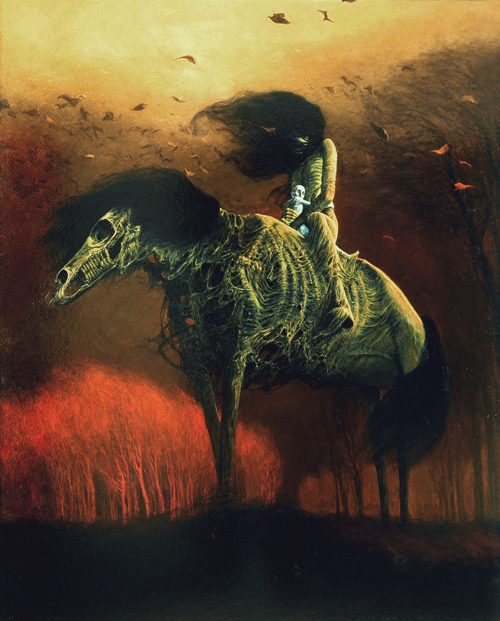 Skeleton horse with rider in a dark forest HD Phone Wallpaper
