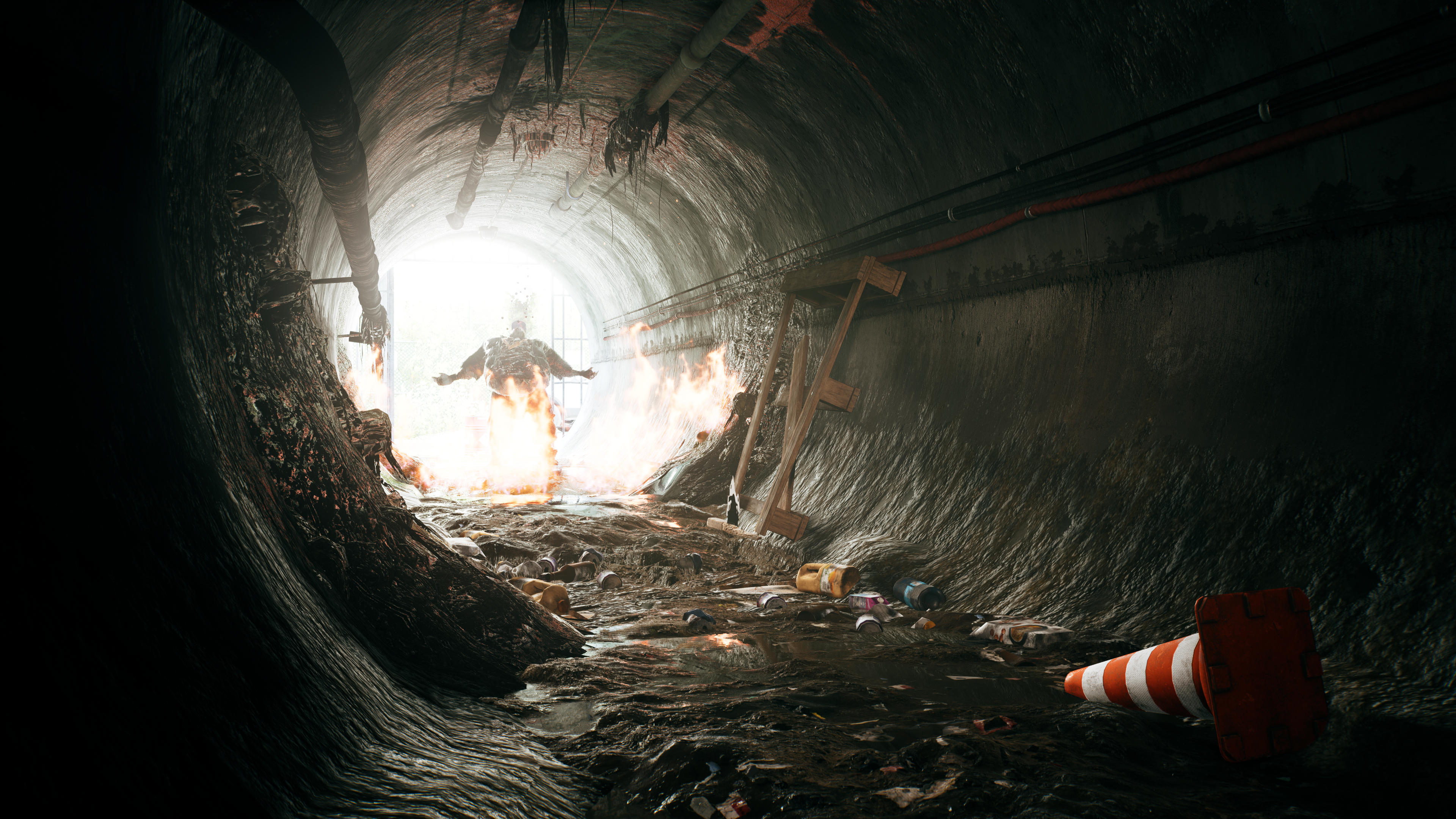 Dead Island 2: Fiery Tunnel with Zombie HD Wallpaper