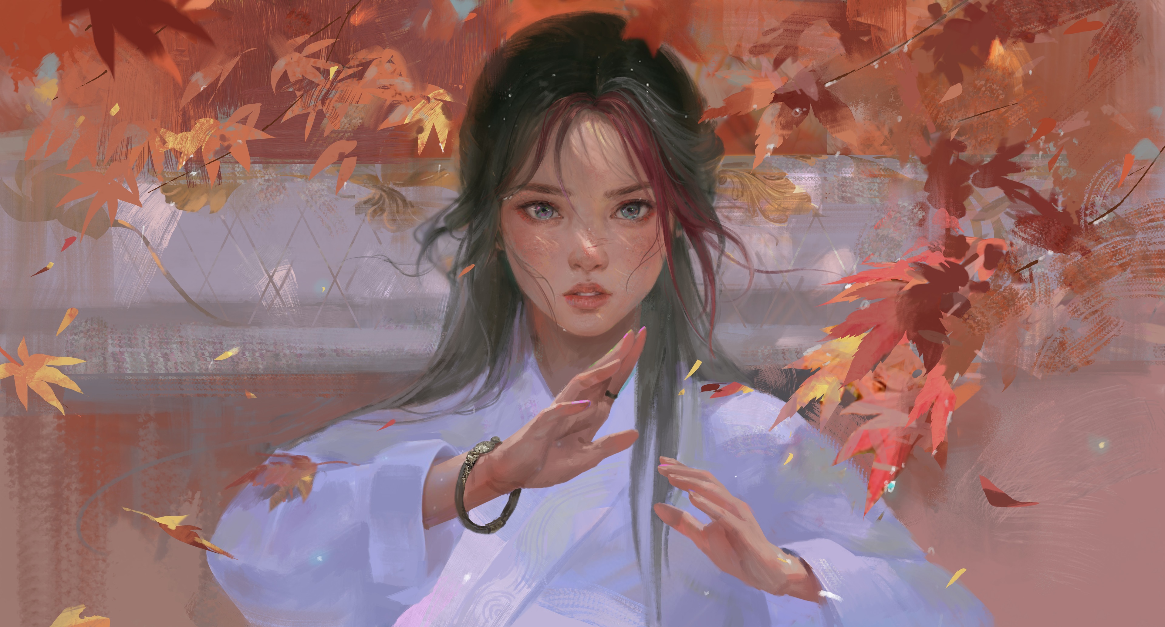 Asian woman in white robes with falling leaves HD Wallpaper
