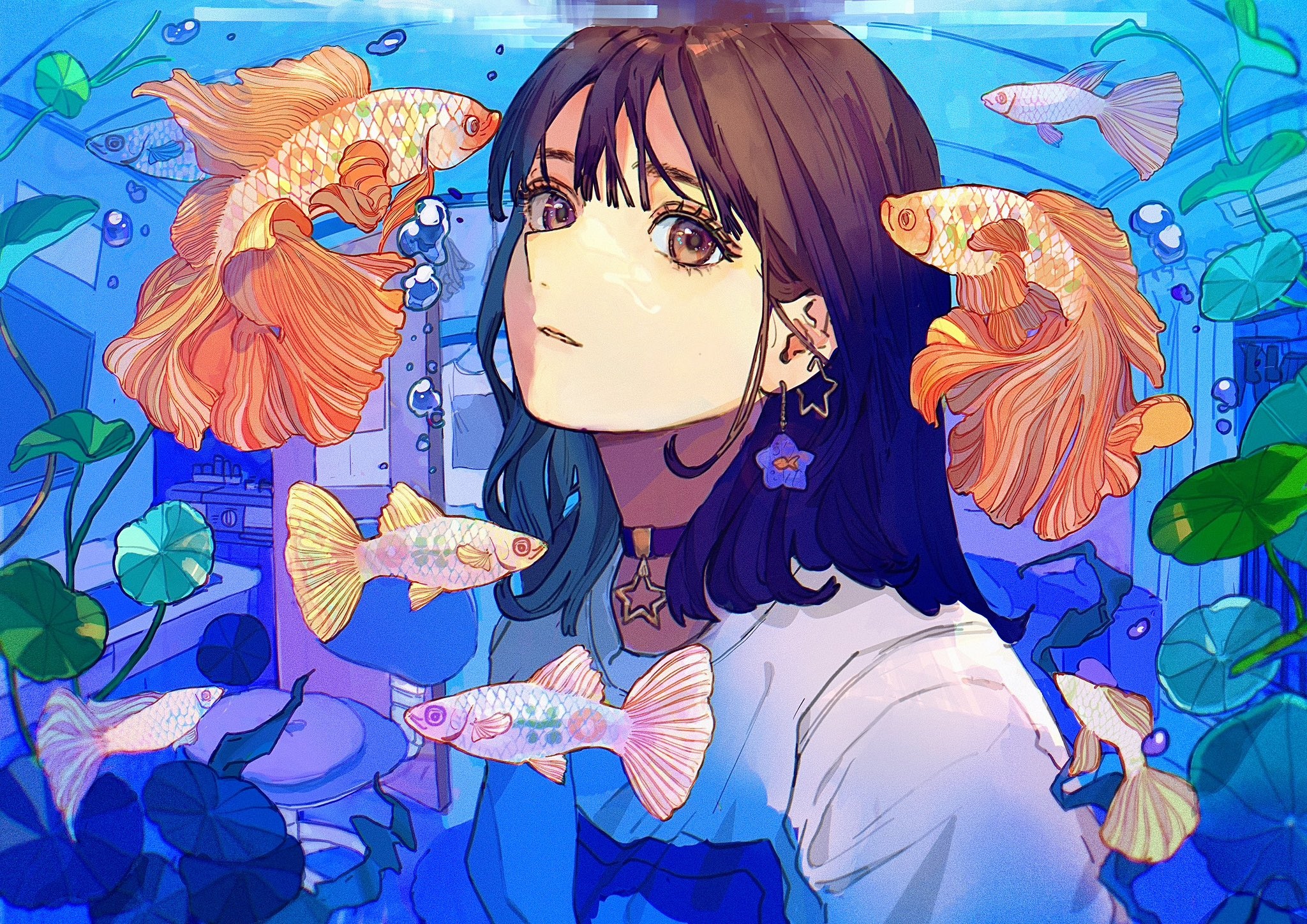 Girl with goldfish in an aquarium HD Wallpaper