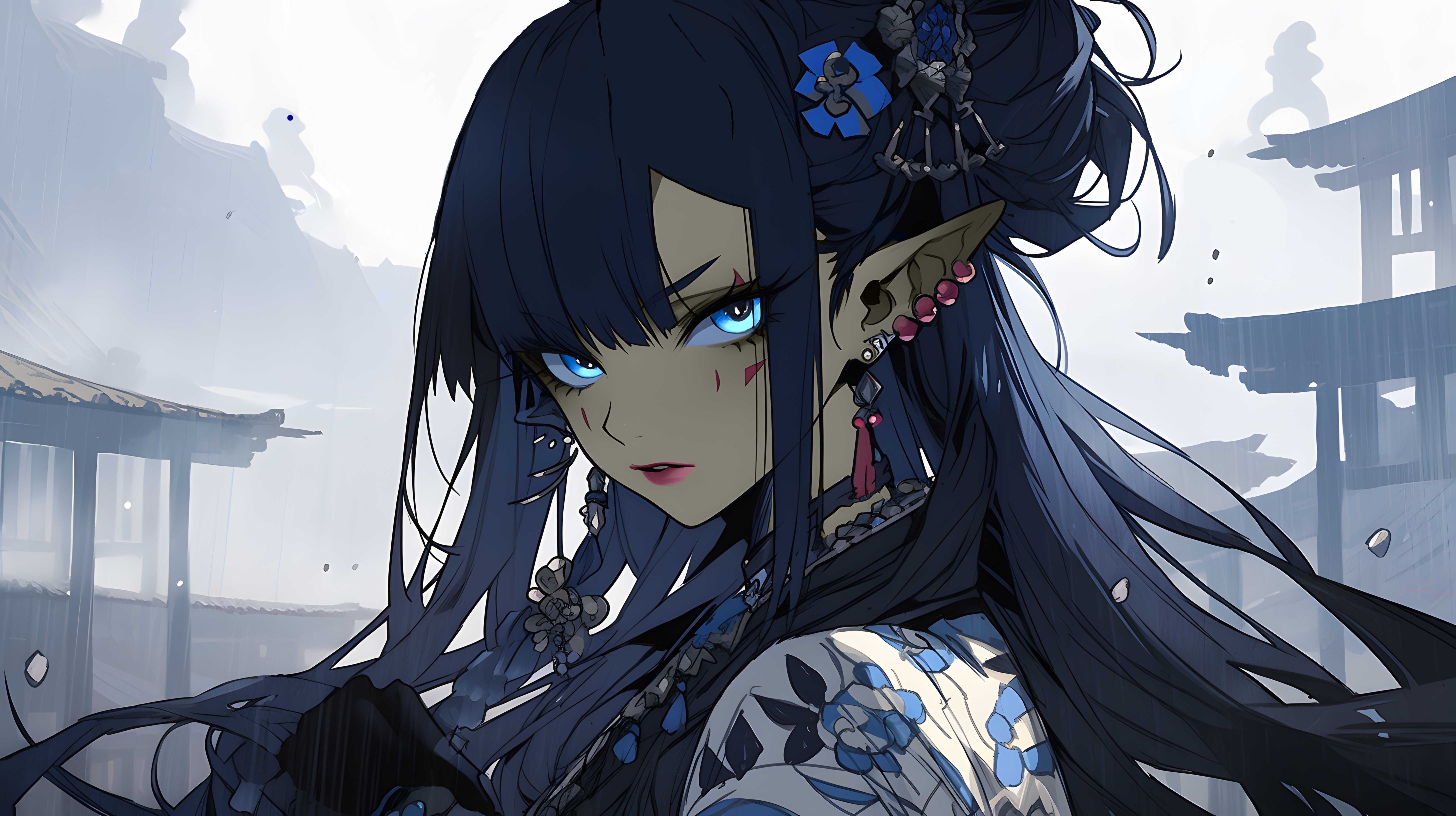 4K Anime Girl with Pointy Ears and Blue Hair HD Wallpaper