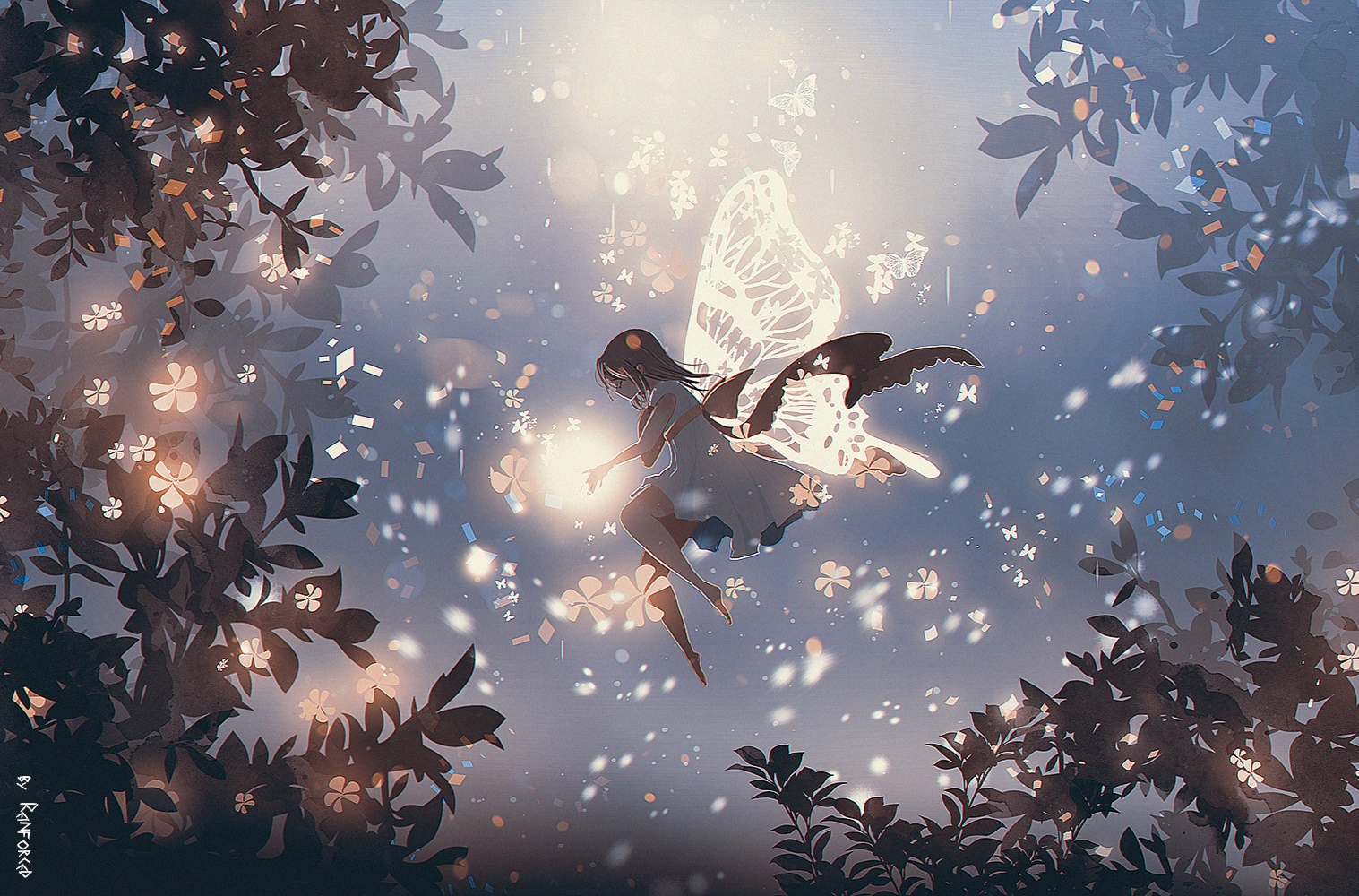 Fairy with butterfly wings in a magical forest HD Wallpaper
