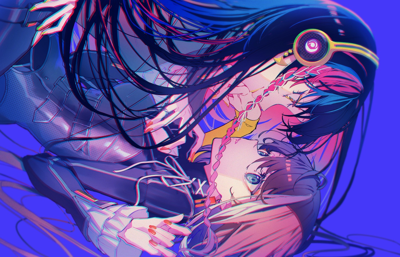Two anime characters with headphones and two-tone hair HD Wallpaper