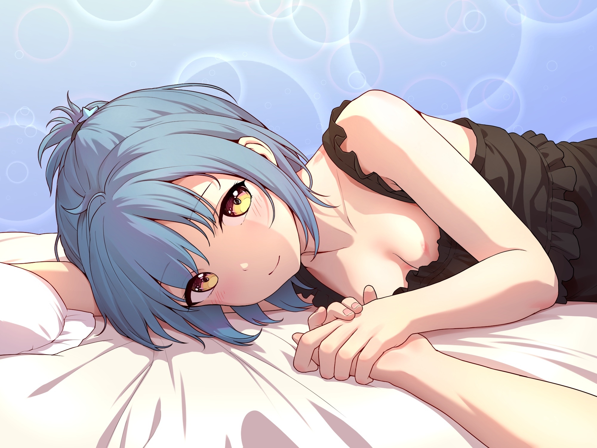 Anime girl with blue hair holding hands HD Wallpaper
