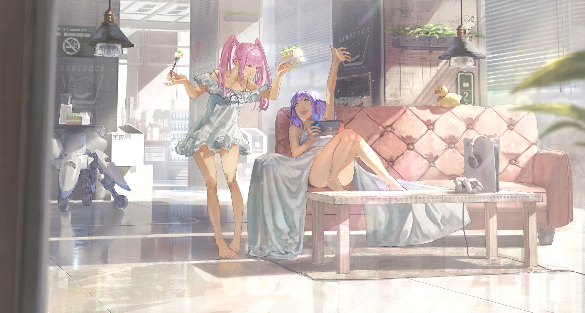 Girls with cake and Nintendo Switch on couch HD Wallpaper