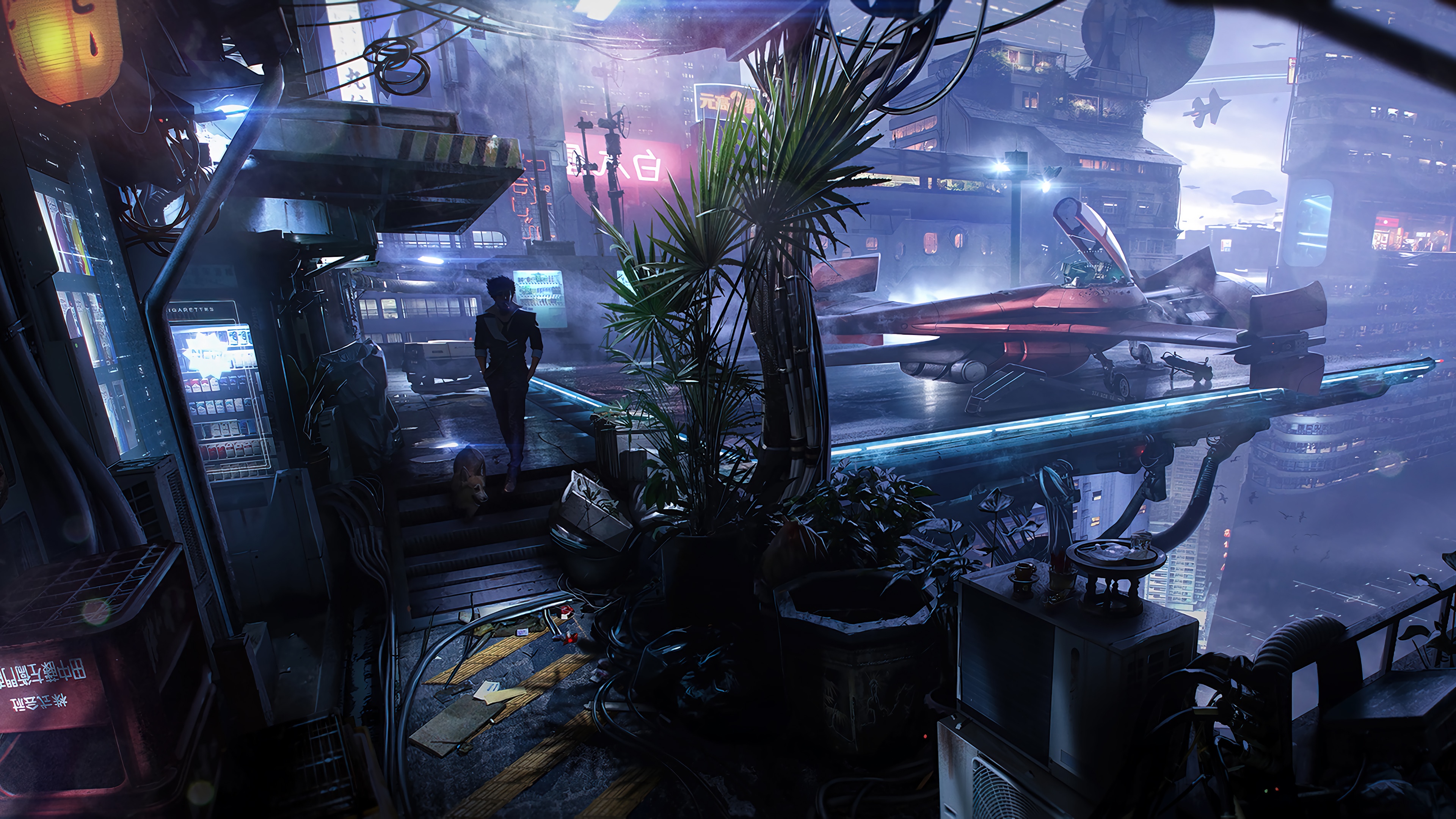 Spike Spiegel and dog in futuristic city with aircraft HD Wallpaper