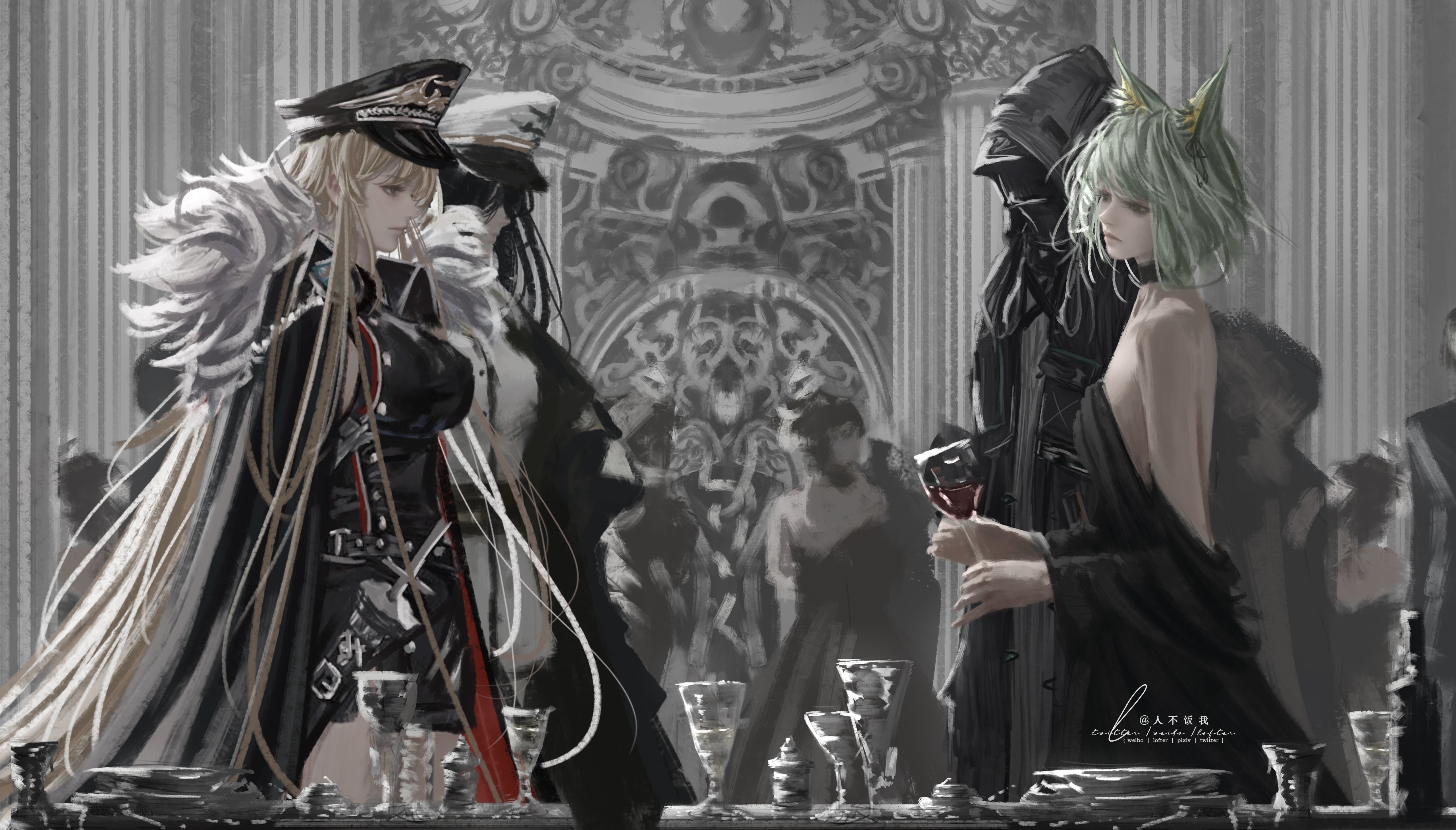 Azur Lane Bismarck and Arknights Kal'tsit at a formal event HD Wallpaper