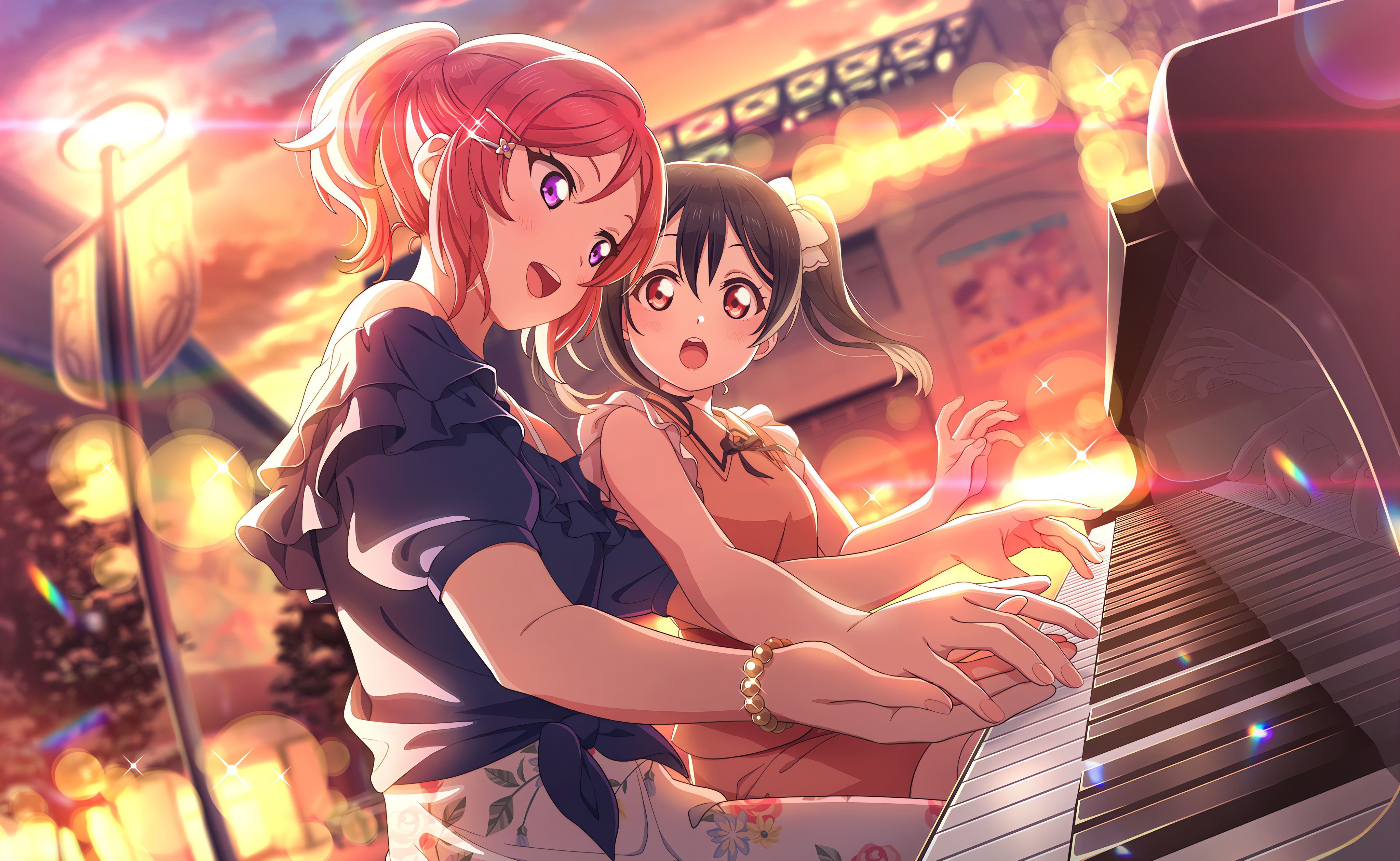 Nishikino Maki and Yazawa Nico play piano at sunset HD Wallpaper