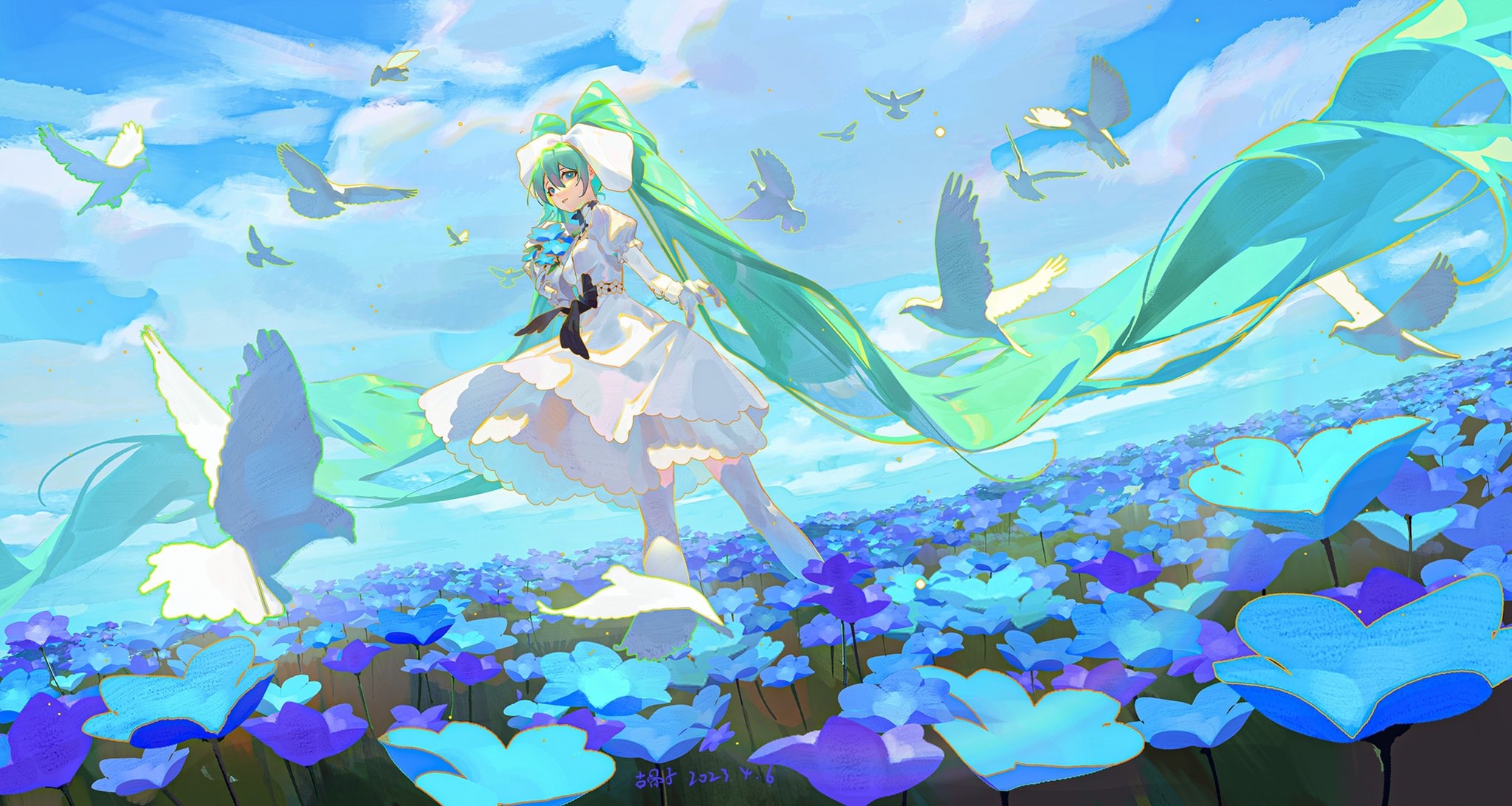 Hatsune Miku in a field of blue flowers with birds HD Wallpaper