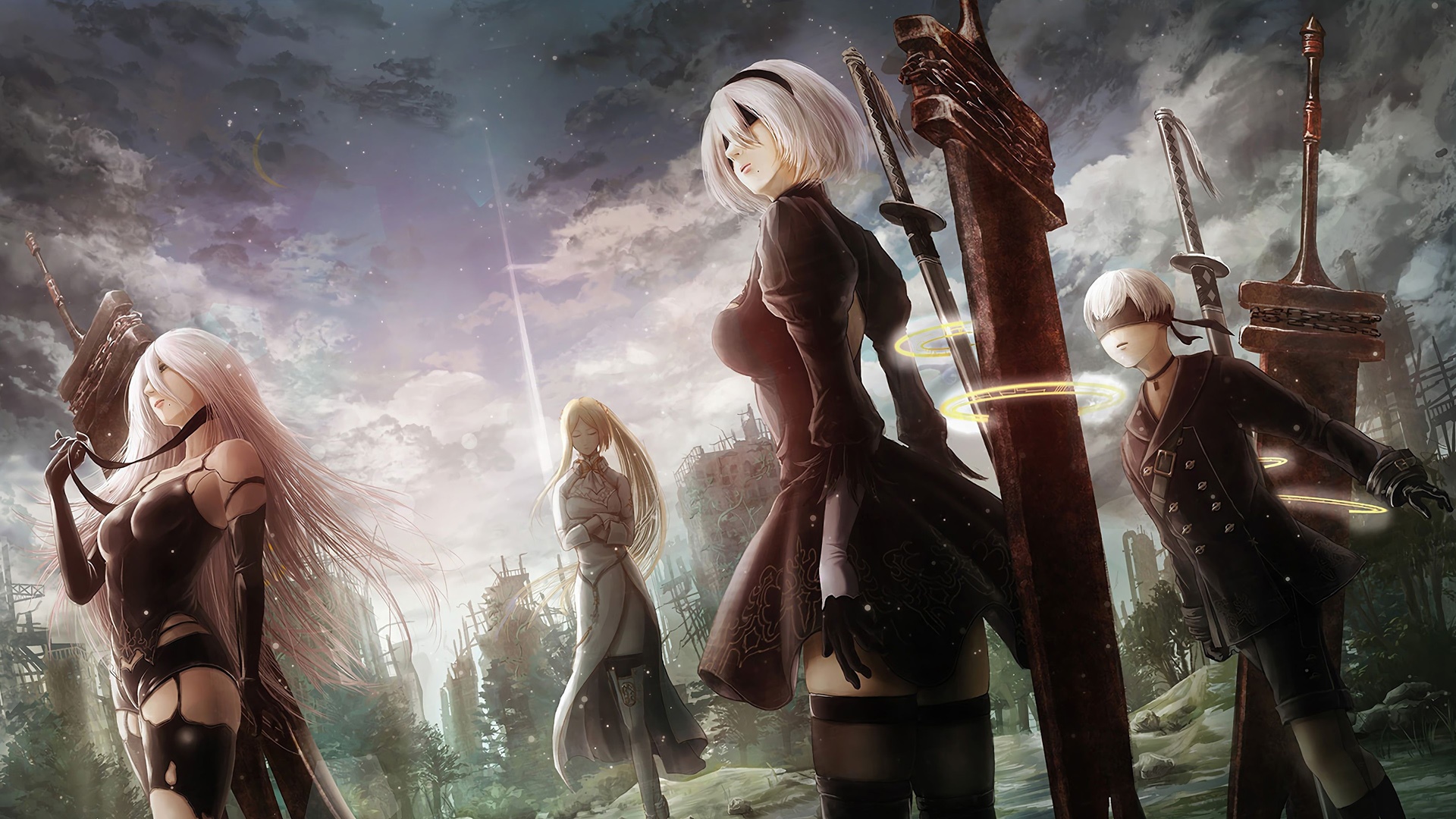 Nier: Automata characters 2B, A2, 9S, and Commander White HD Wallpaper