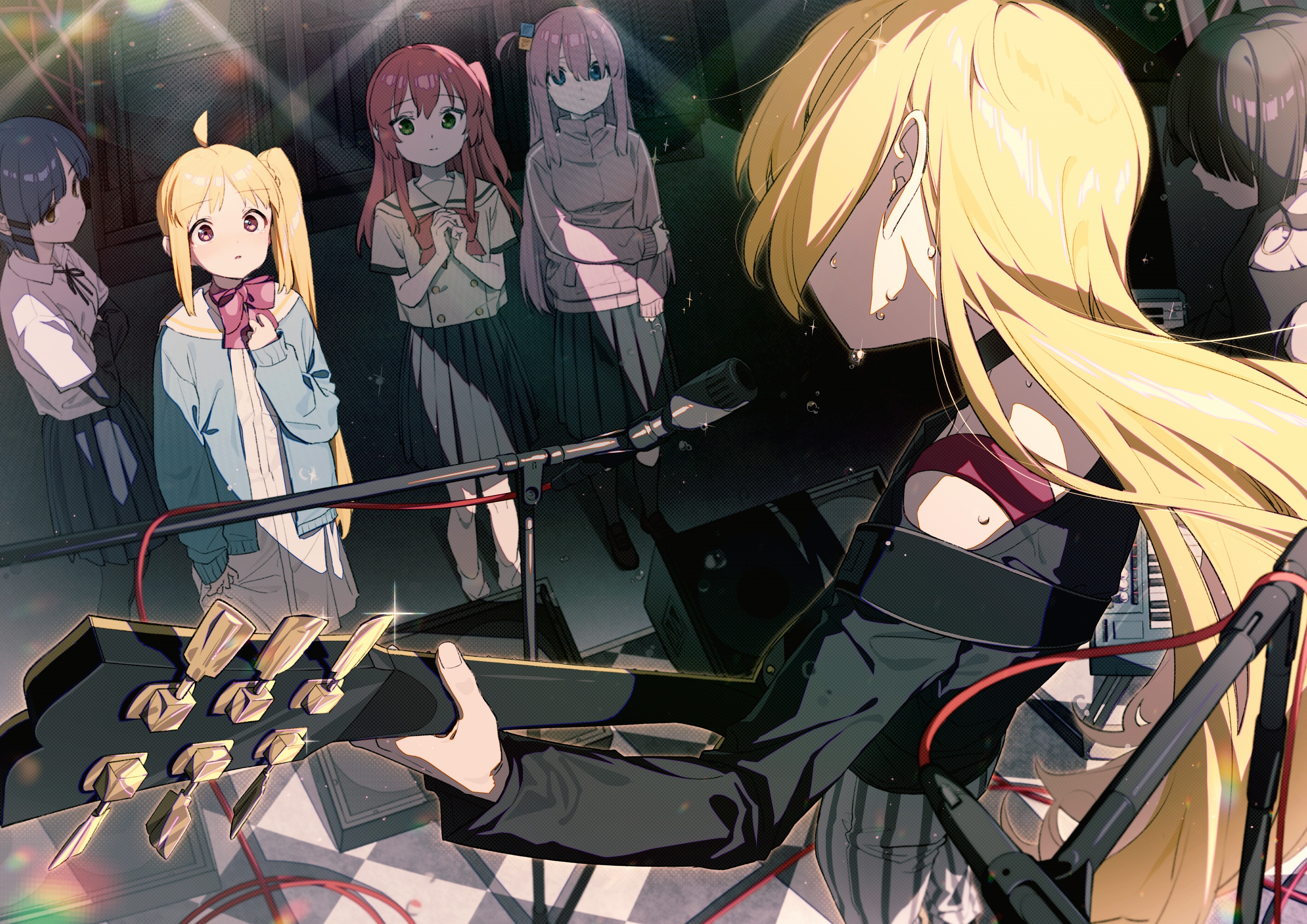 Kessoku Band performing on stage with guitars and microphones HD Wallpaper