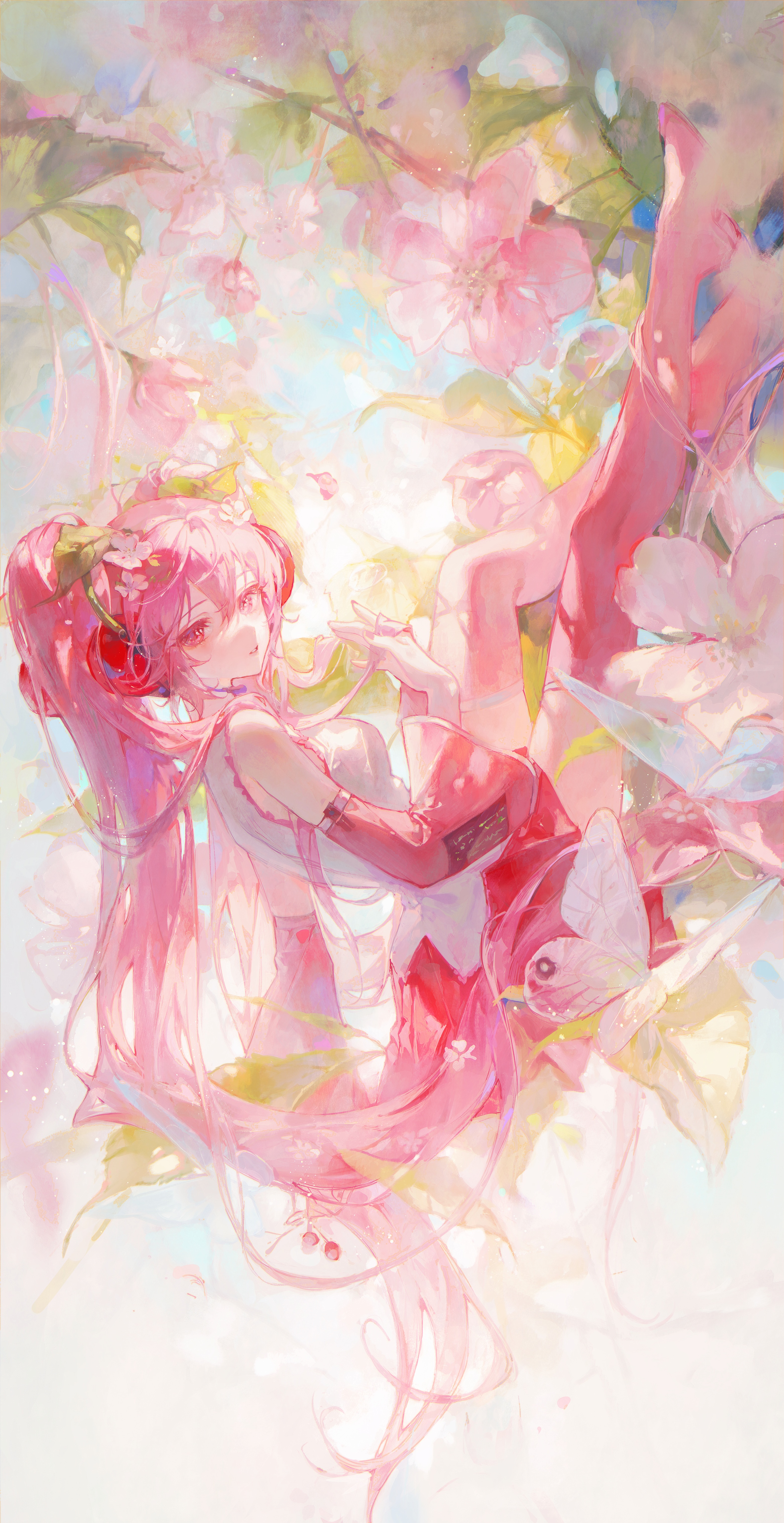 Sakura Miku surrounded by pink flowers and butterflies HD Phone Wallpaper