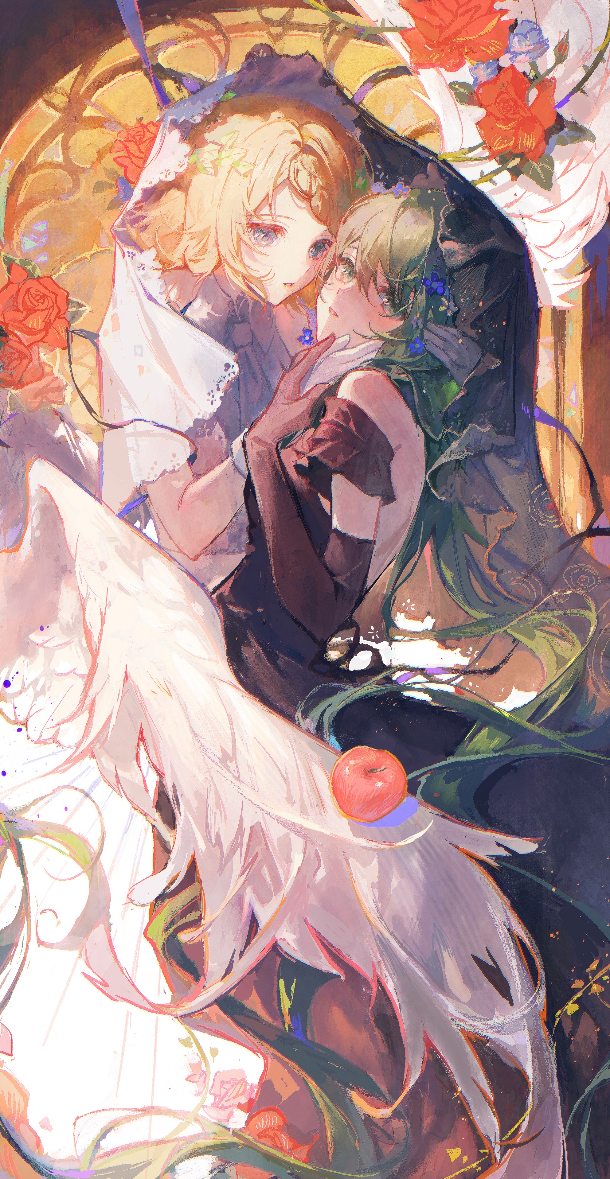 Kagamine Rin and Hatsune Miku with flowers and wings HD Phone Wallpaper