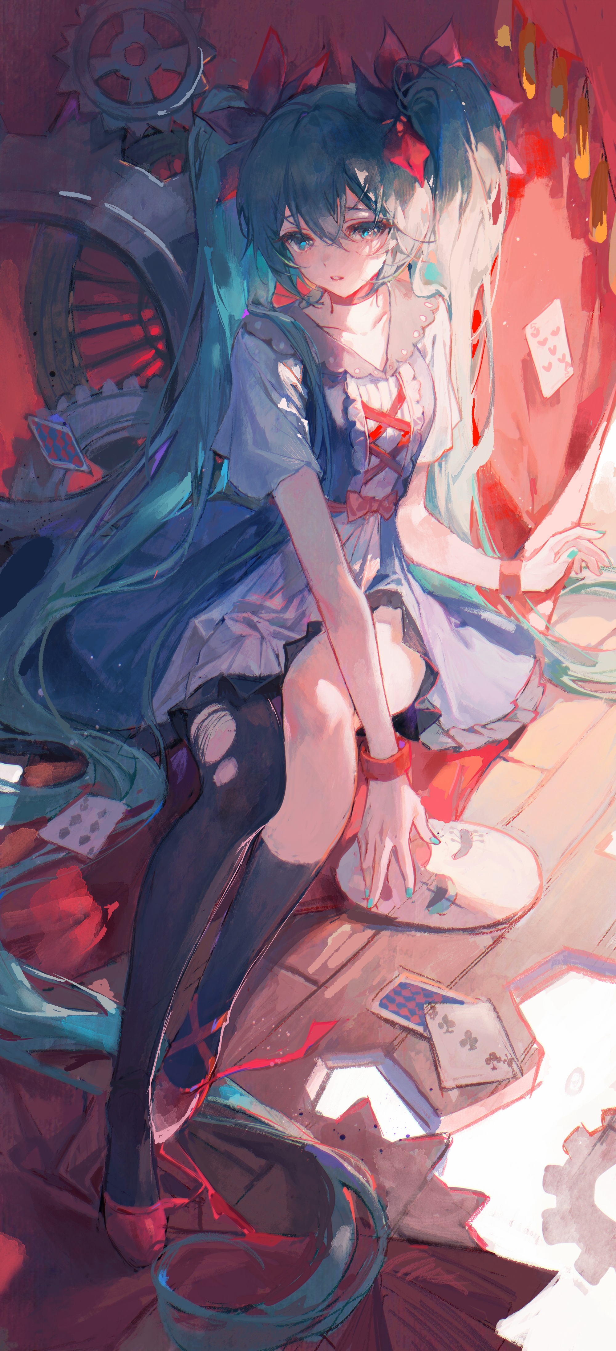 Hatsune Miku with Gears and Cards HD Phone Wallpaper