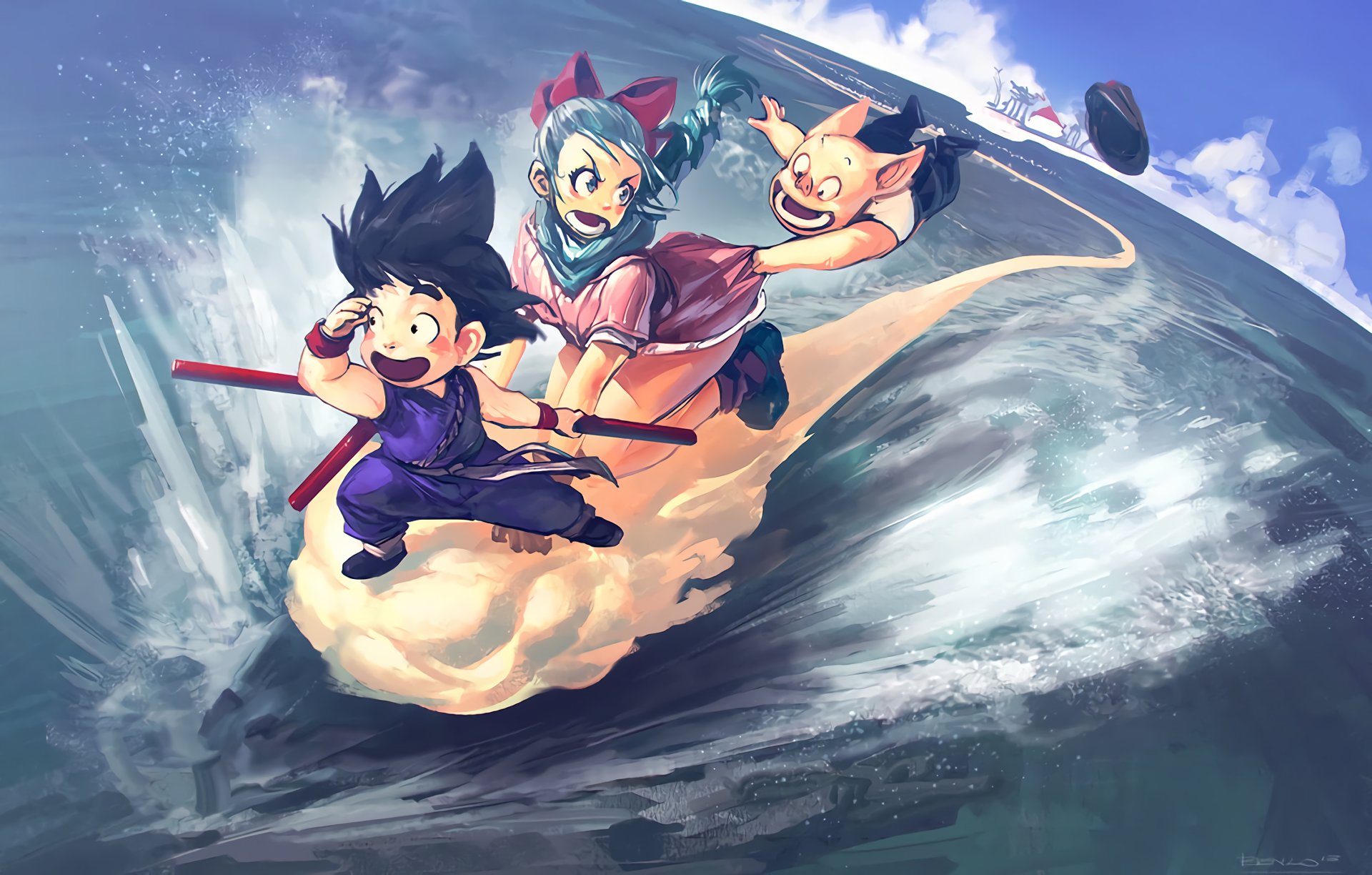 Dragon Ball characters riding Nimbus Cloud over water HD Wallpaper