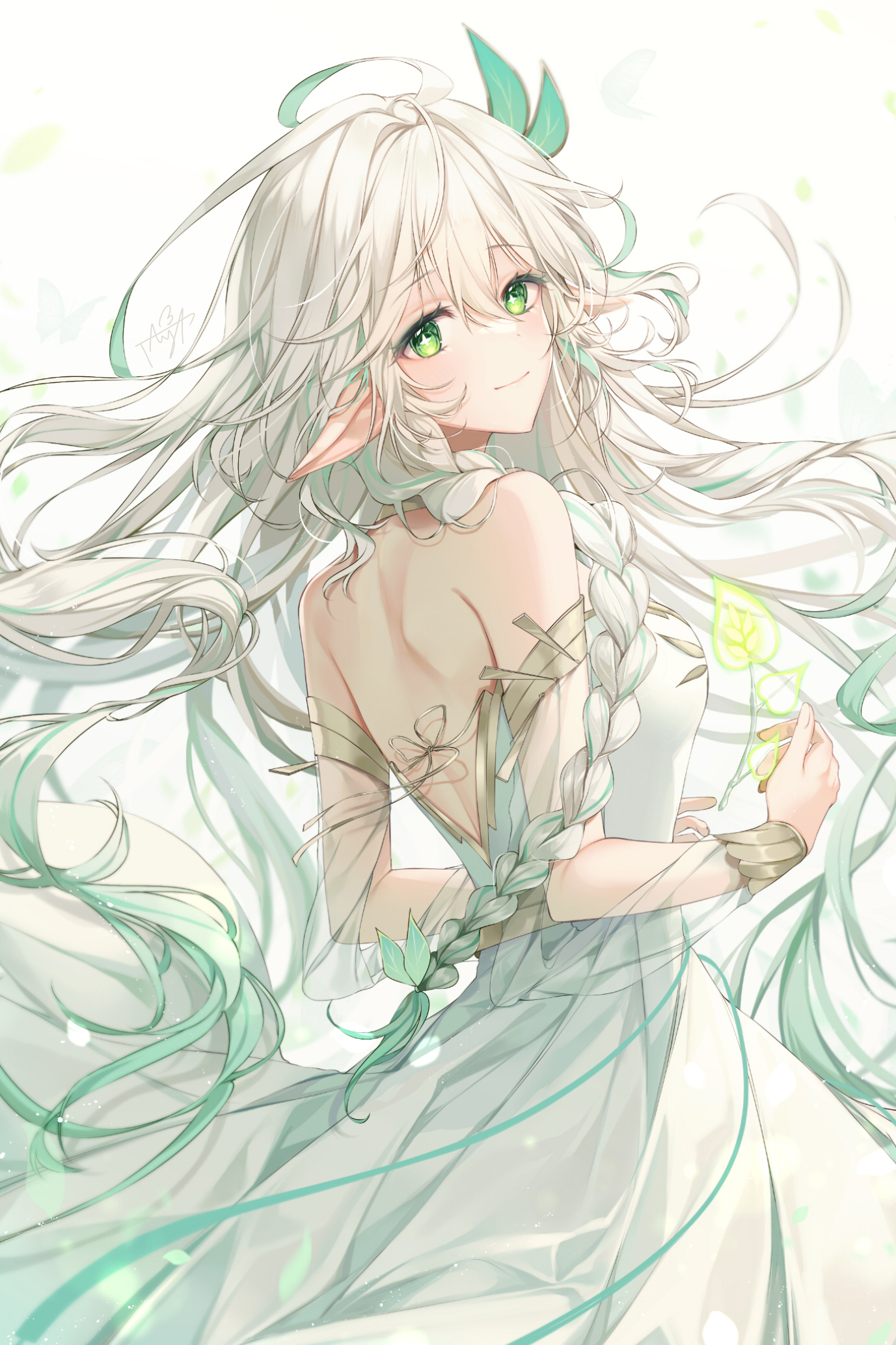 Rukkhadevata from Genshin Impact with white hair and green eyes HD Phone Wallpaper